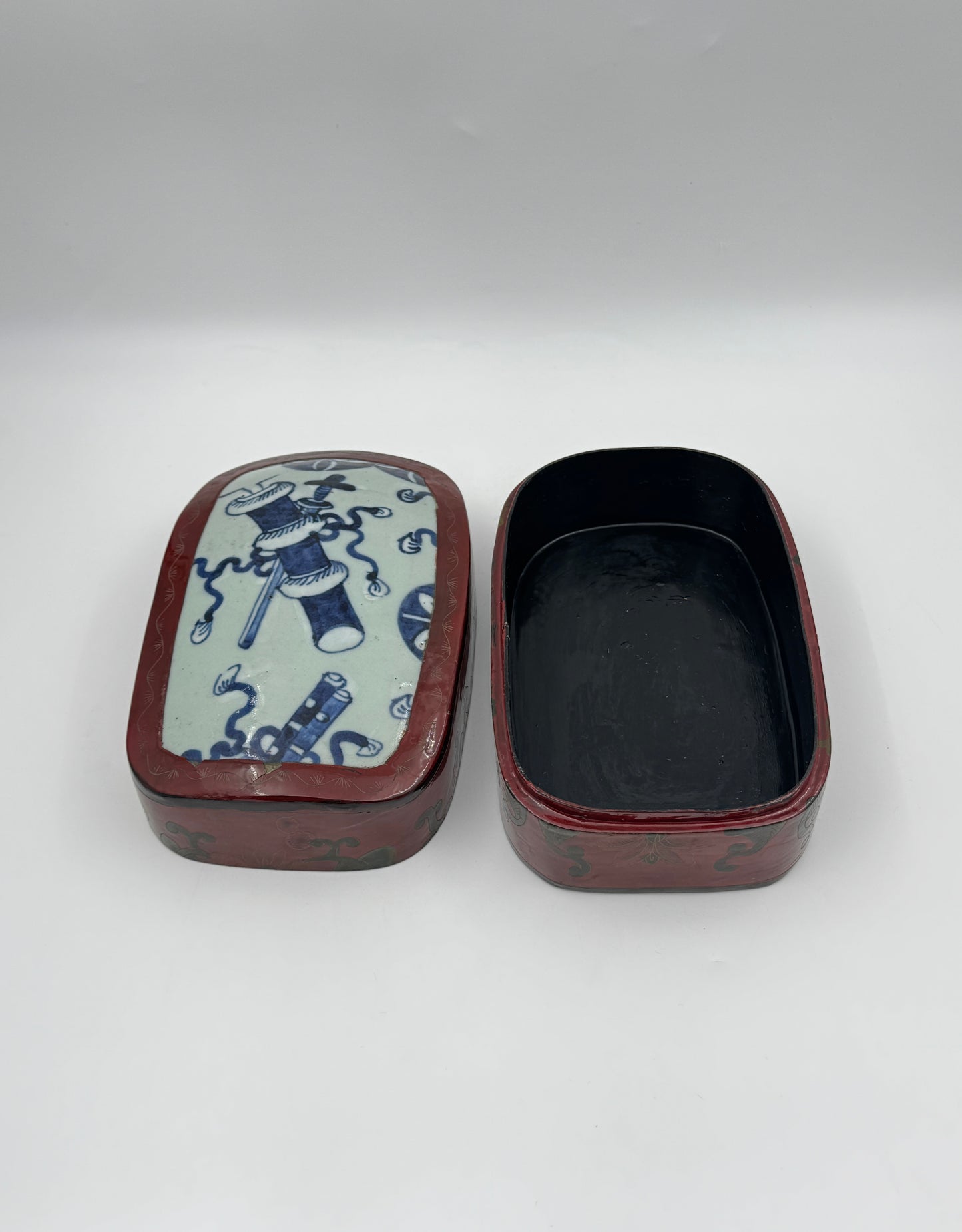 Chinese Lacquer Fragment Box with Blue & White Porcelain Inset Lid