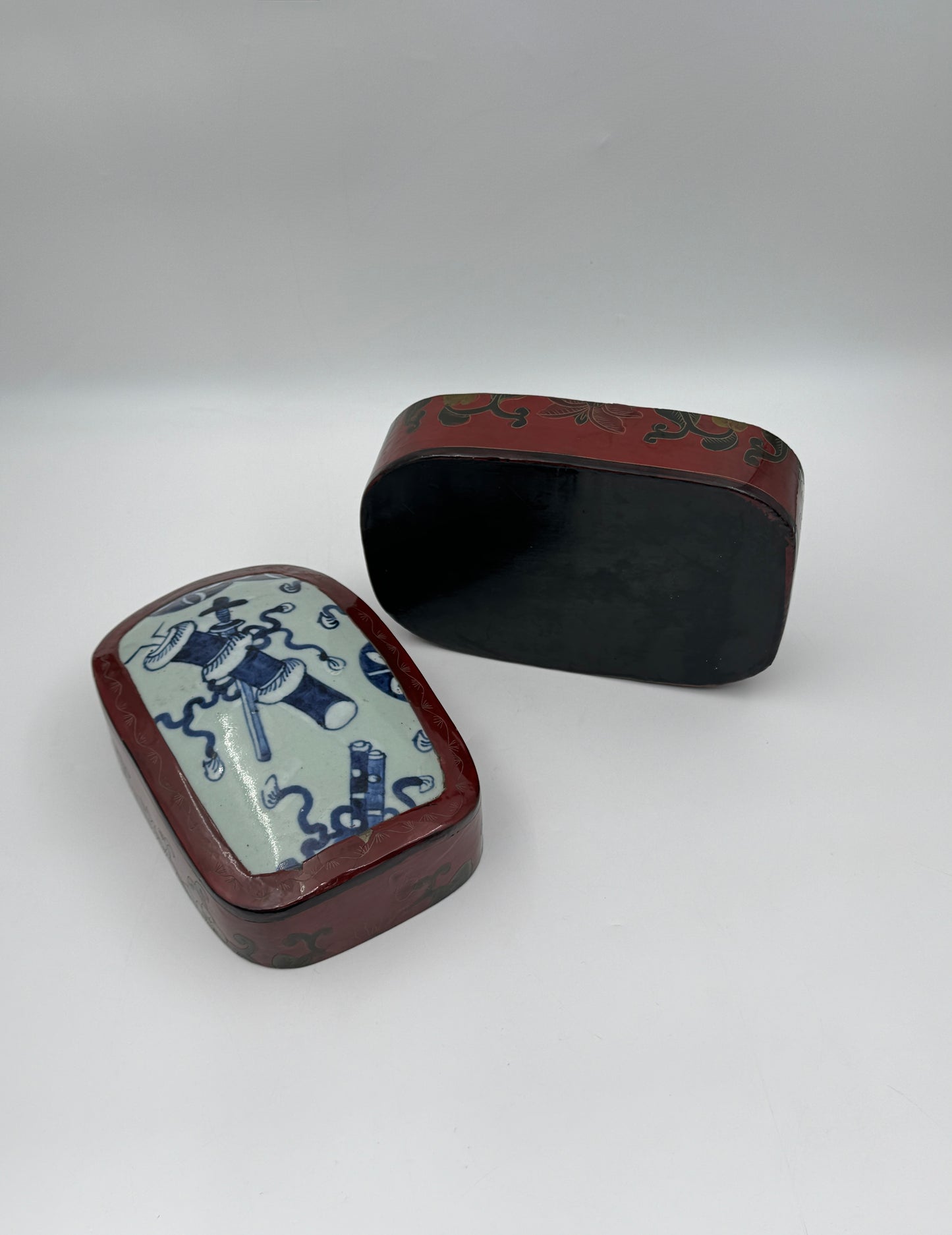 Chinese Lacquer Fragment Box with Blue & White Porcelain Inset Lid