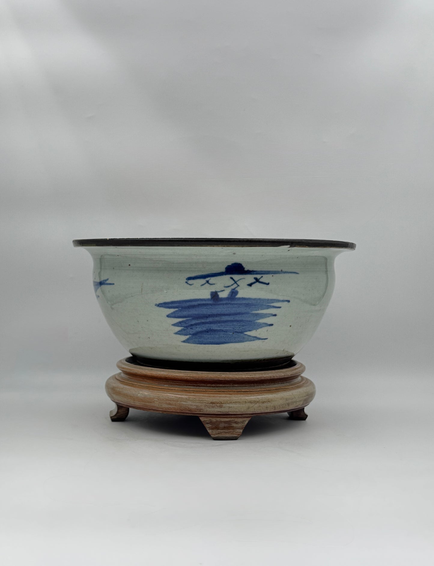 Chinese Blue & White Porcelain Bowl with Brown Rim on Wooden Stand