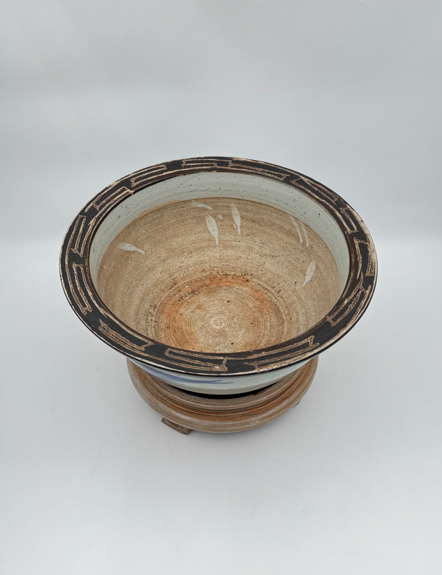 Chinese Blue & White Porcelain Bowl with Brown Rim on Wooden Stand