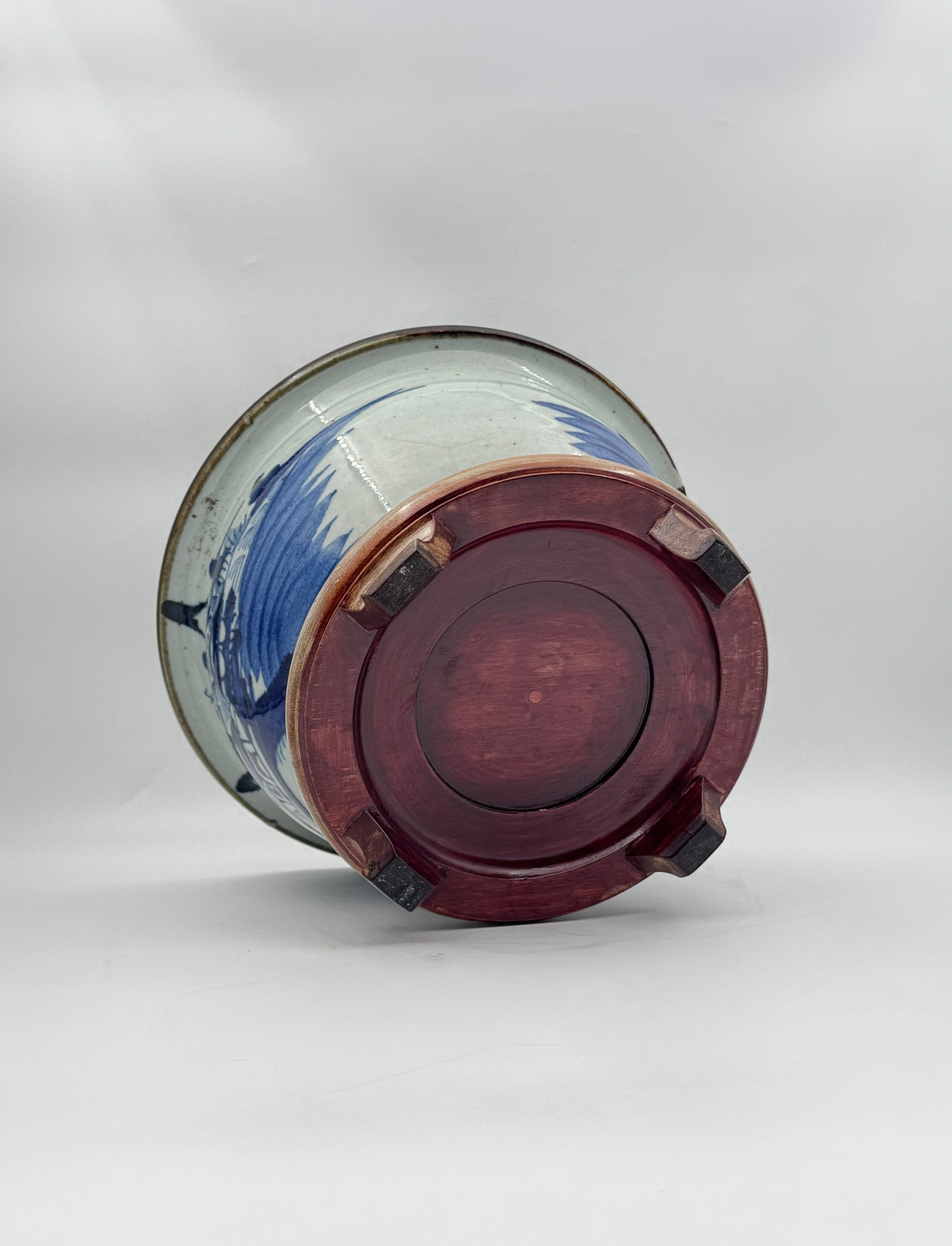 Chinese Blue & White Porcelain Bowl with Brown Rim on Wooden Stand