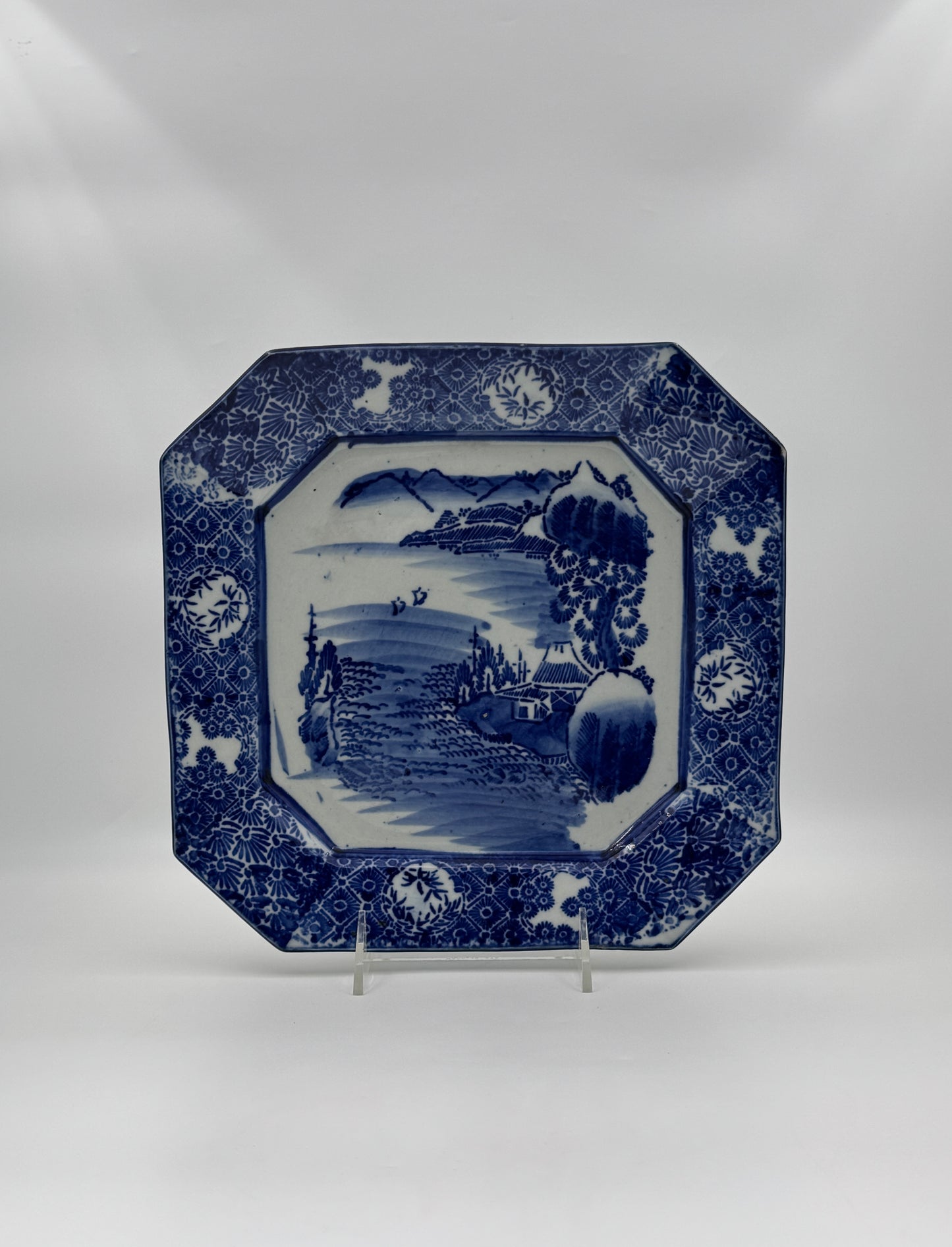Chinese Blue & White Octagonal Platter – Landscape Scene