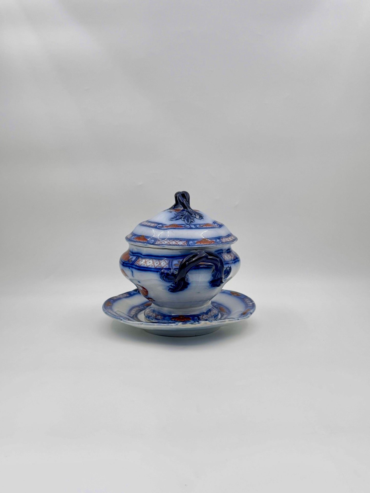 Antique Ironstone Sauce Tureen with Underplate – Blue, Rust & Cream, England