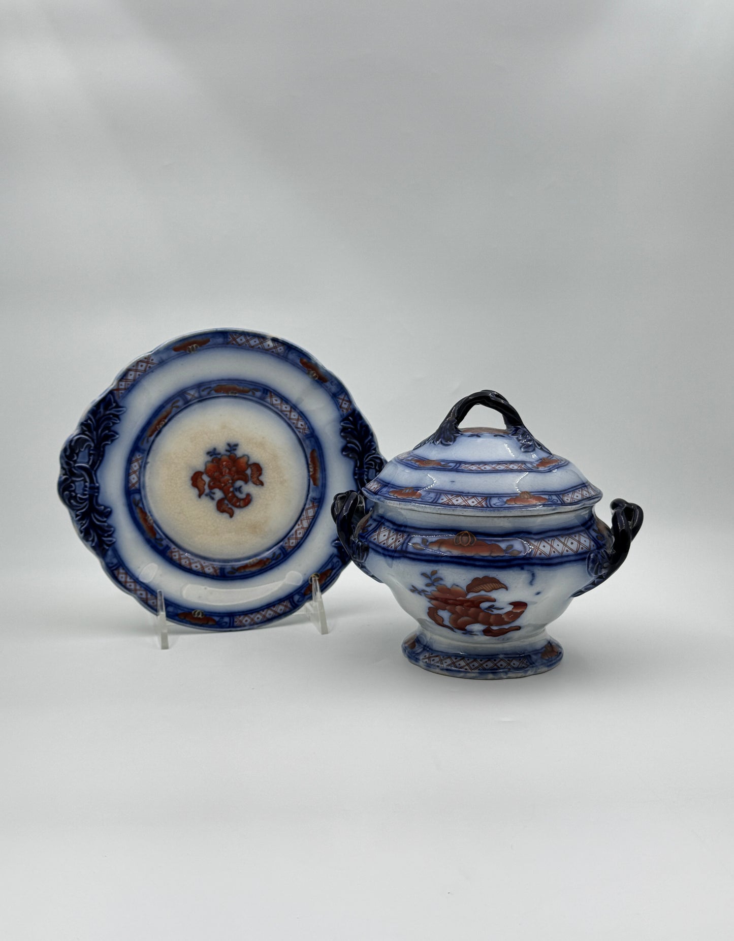 Antique Ironstone Sauce Tureen with Underplate – Blue, Rust & Cream, England
