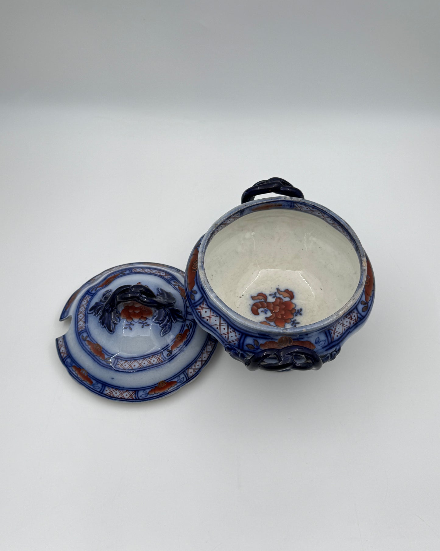 Antique Ironstone Sauce Tureen with Underplate – Blue, Rust & Cream, England