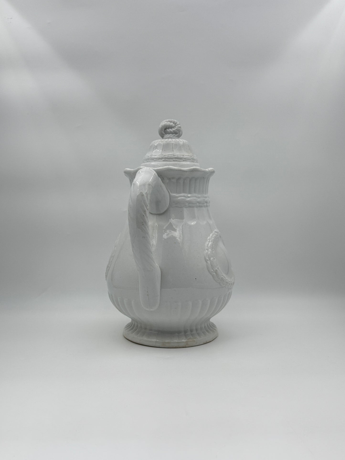 Antique White Ironstone Coffee Pot with Lid – Wreath and Star Relief Design