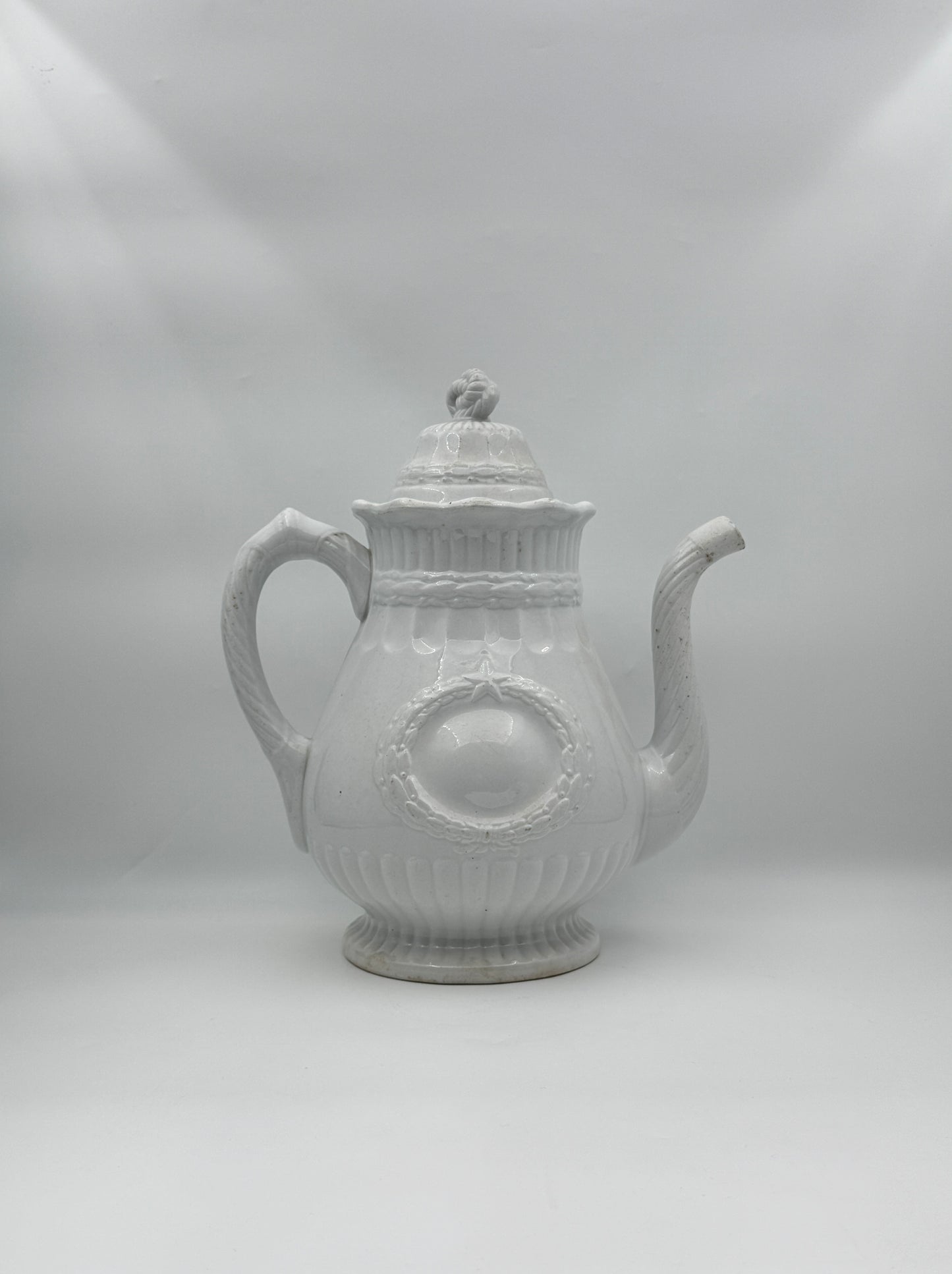 Antique White Ironstone Coffee Pot with Lid – Wreath and Star Relief Design