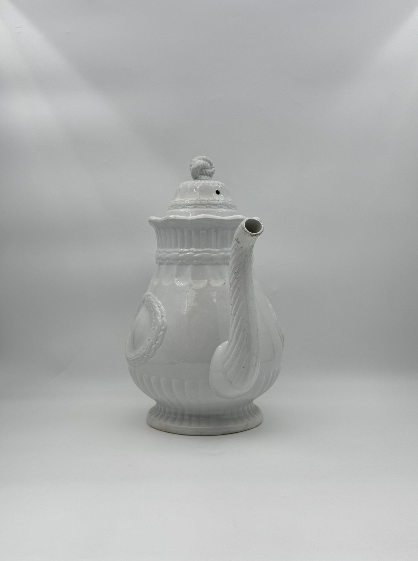 Antique White Ironstone Coffee Pot with Lid – Wreath and Star Relief Design