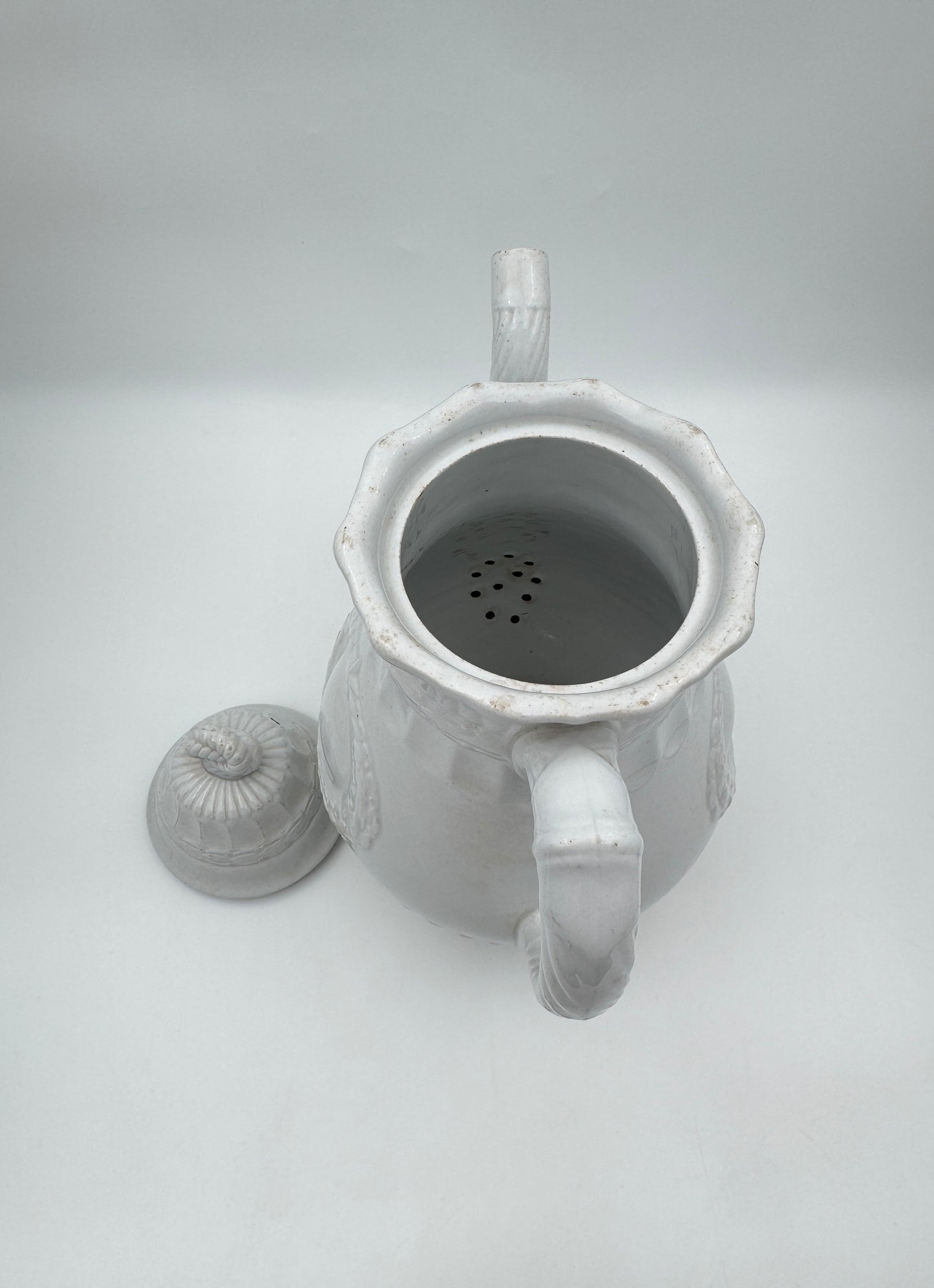 Antique White Ironstone Coffee Pot with Lid – Wreath and Star Relief Design