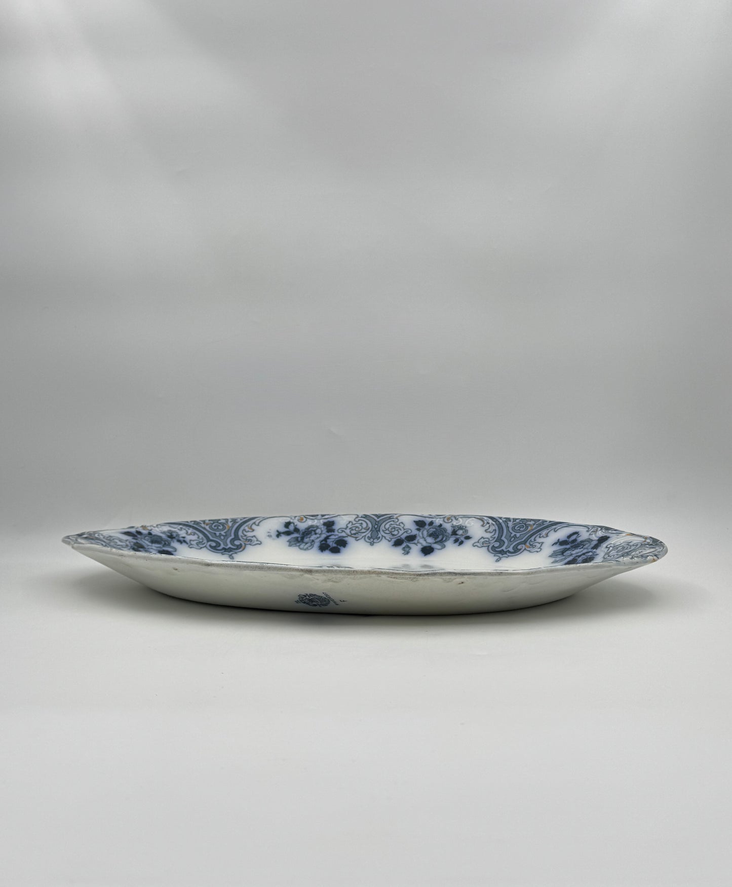 Antique English Ironstone Platter – “Albion” Blue & White Floral Scroll Design