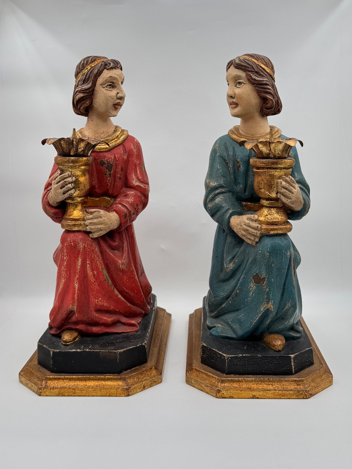 Pair of Hand-Carved Figural Wooden Candle Holders – Kneeling Angels with Gilded Chalices