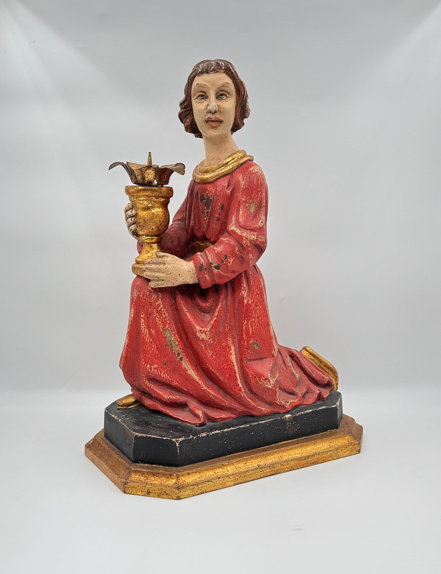 Pair of Hand-Carved Figural Wooden Candle Holders – Kneeling Angels with Gilded Chalices