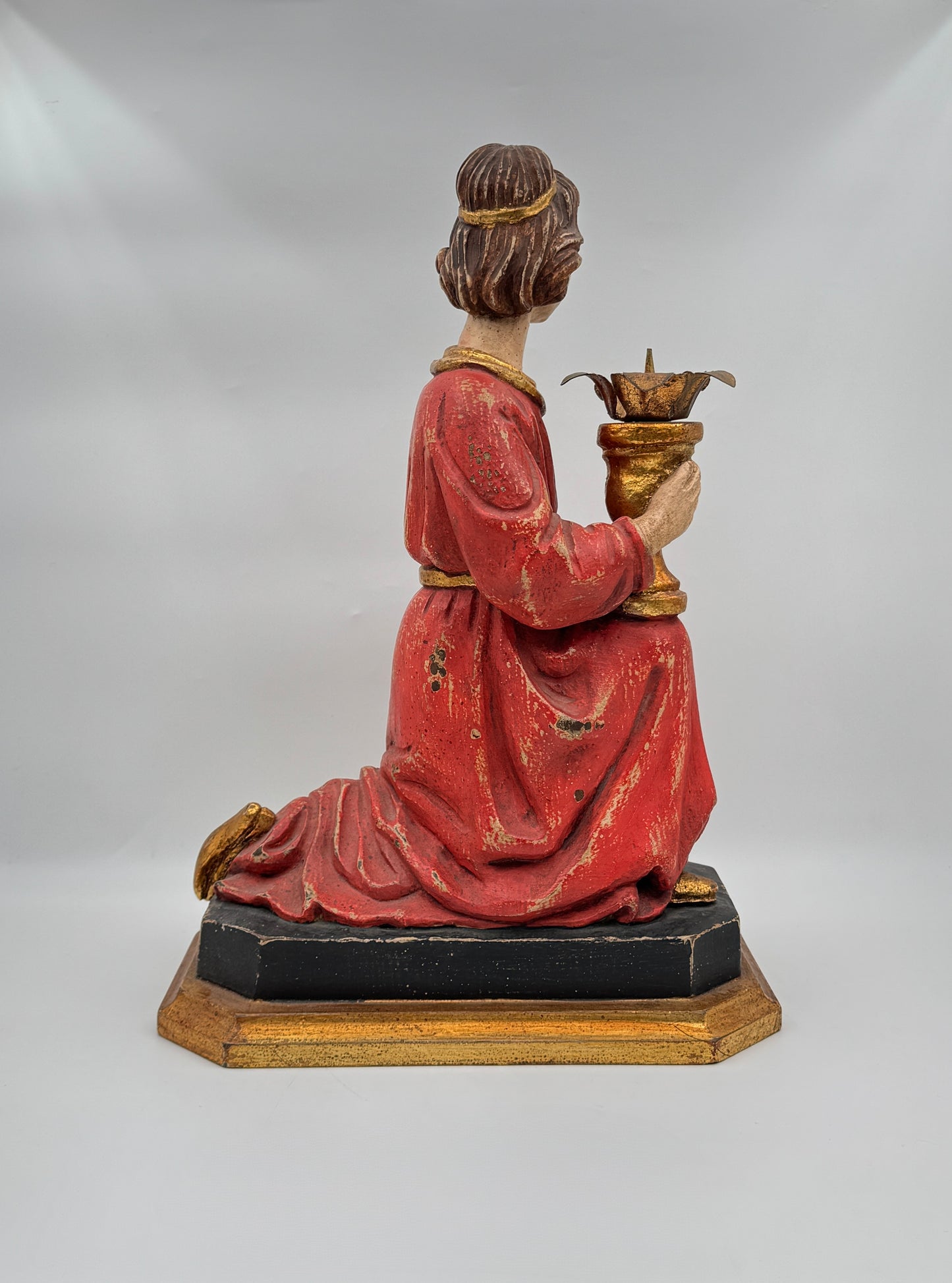 Pair of Hand-Carved Figural Wooden Candle Holders – Kneeling Angels with Gilded Chalices