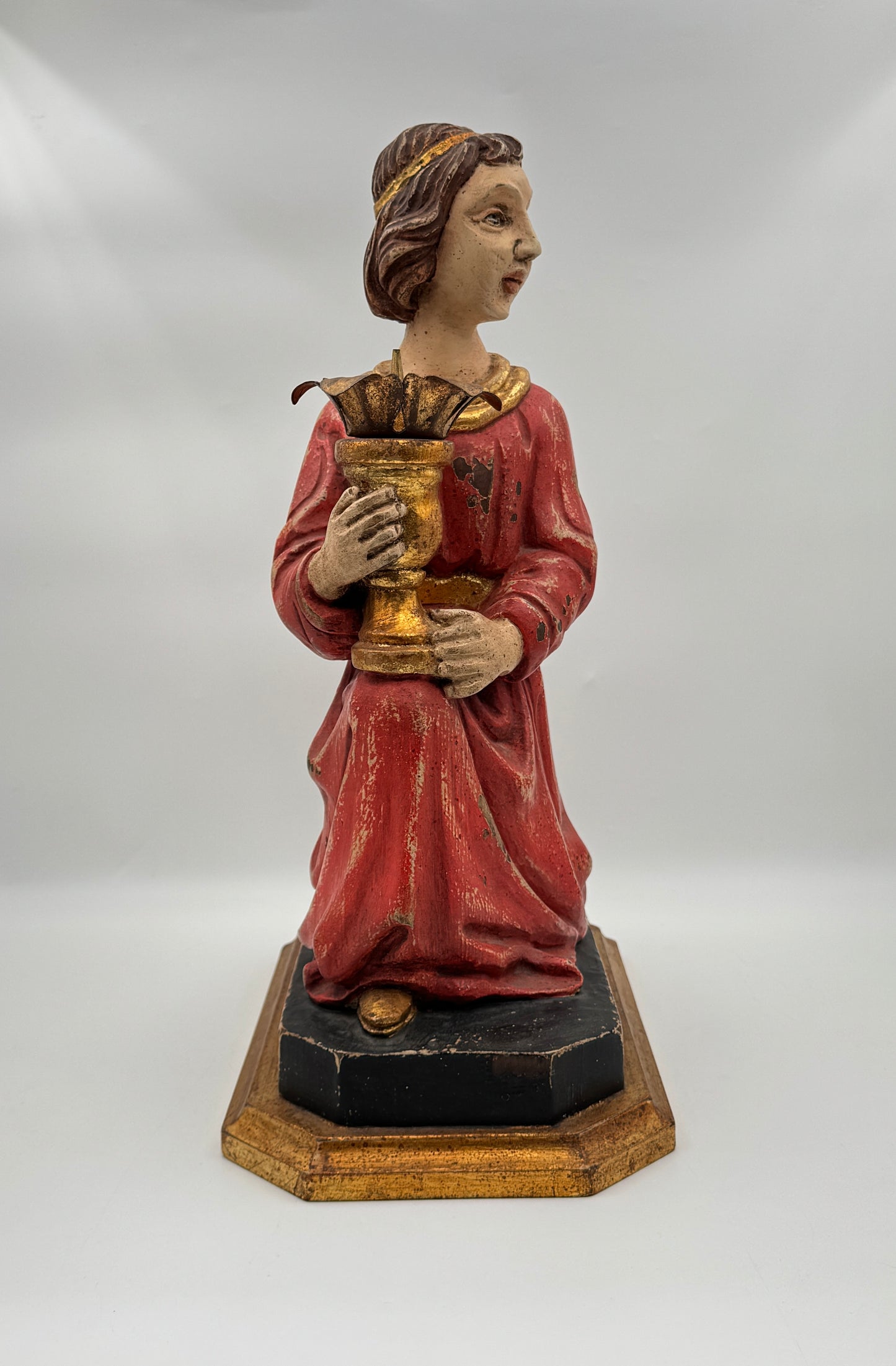 Pair of Hand-Carved Figural Wooden Candle Holders – Kneeling Angels with Gilded Chalices