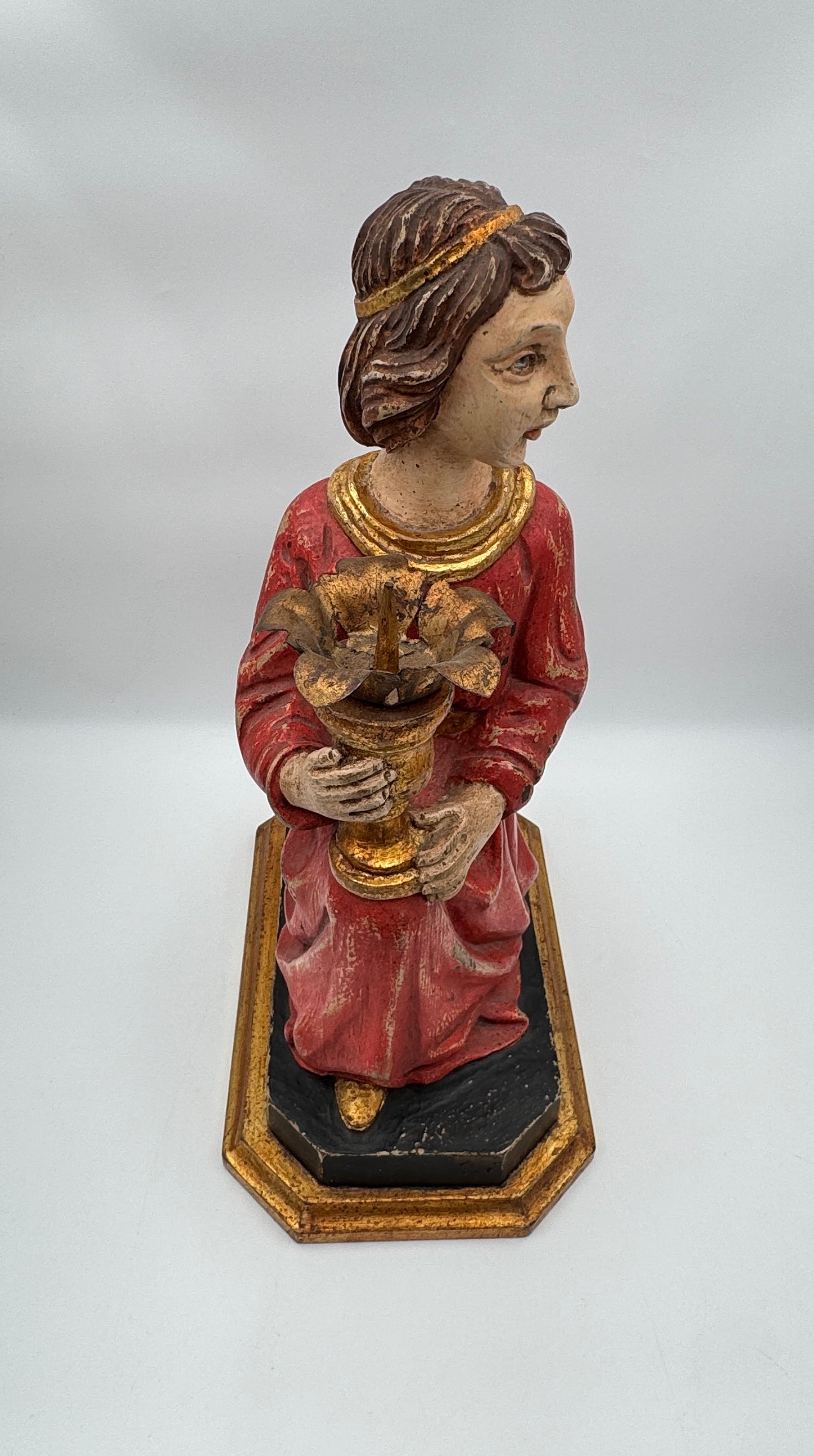 Pair of Hand-Carved Figural Wooden Candle Holders – Kneeling Angels with Gilded Chalices