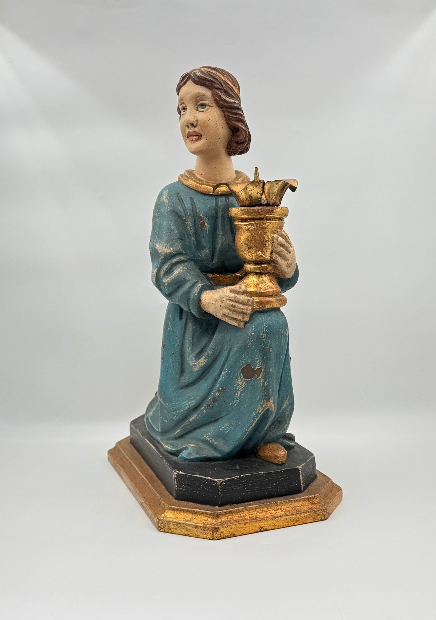 Pair of Hand-Carved Figural Wooden Candle Holders – Kneeling Angels with Gilded Chalices