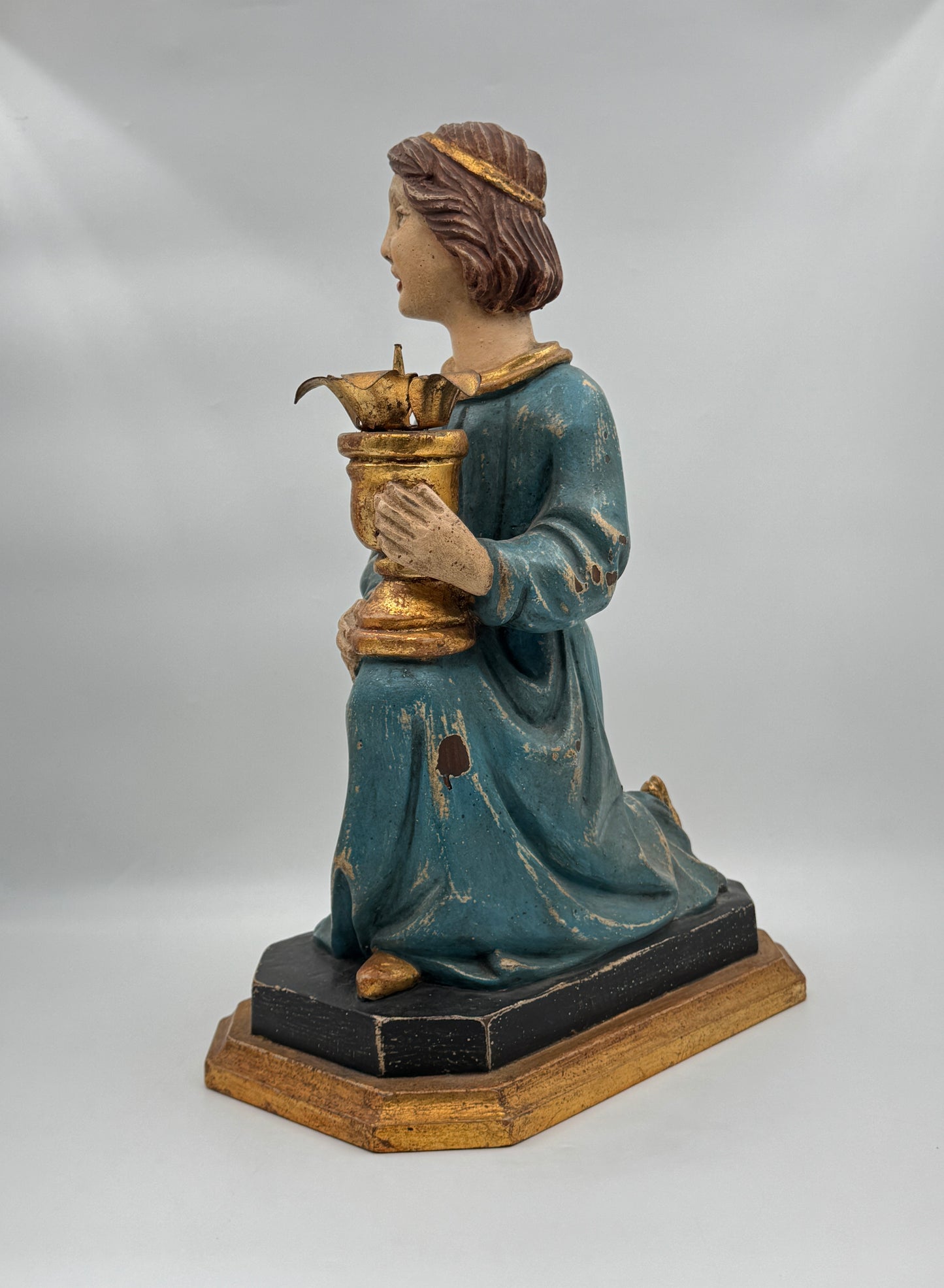Pair of Hand-Carved Figural Wooden Candle Holders – Kneeling Angels with Gilded Chalices