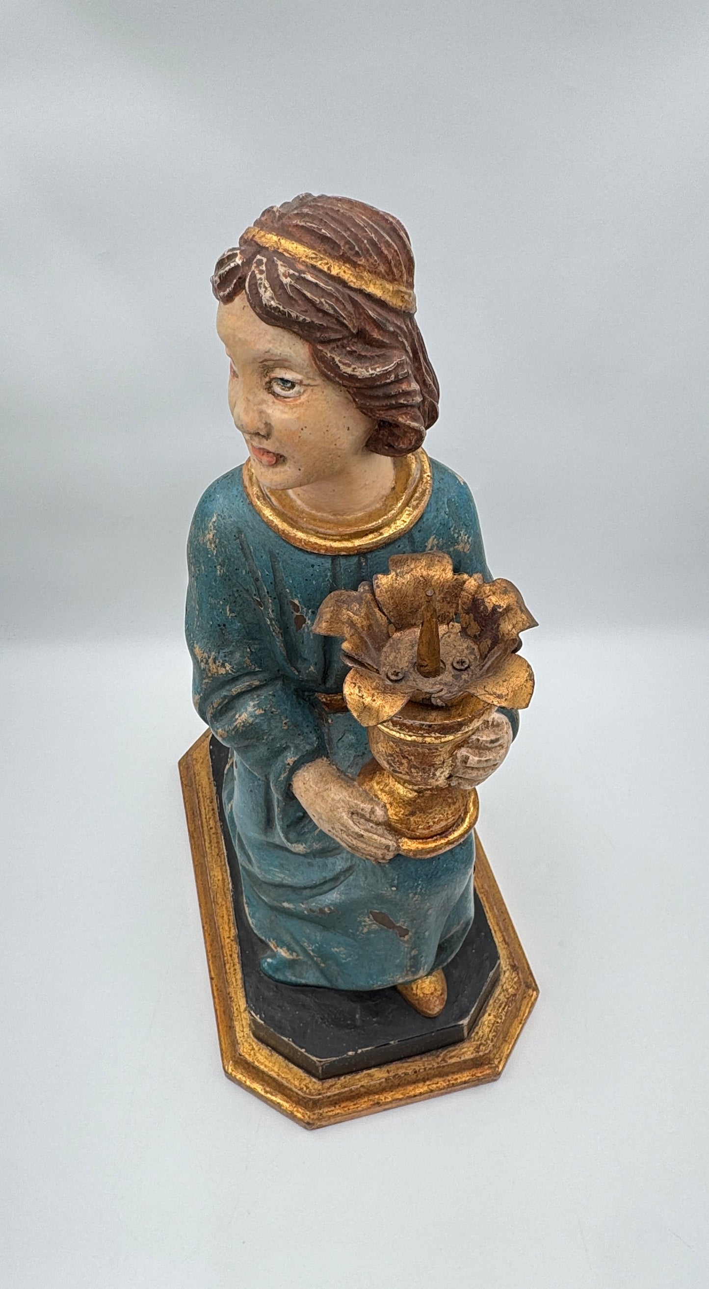 Pair of Hand-Carved Figural Wooden Candle Holders – Kneeling Angels with Gilded Chalices