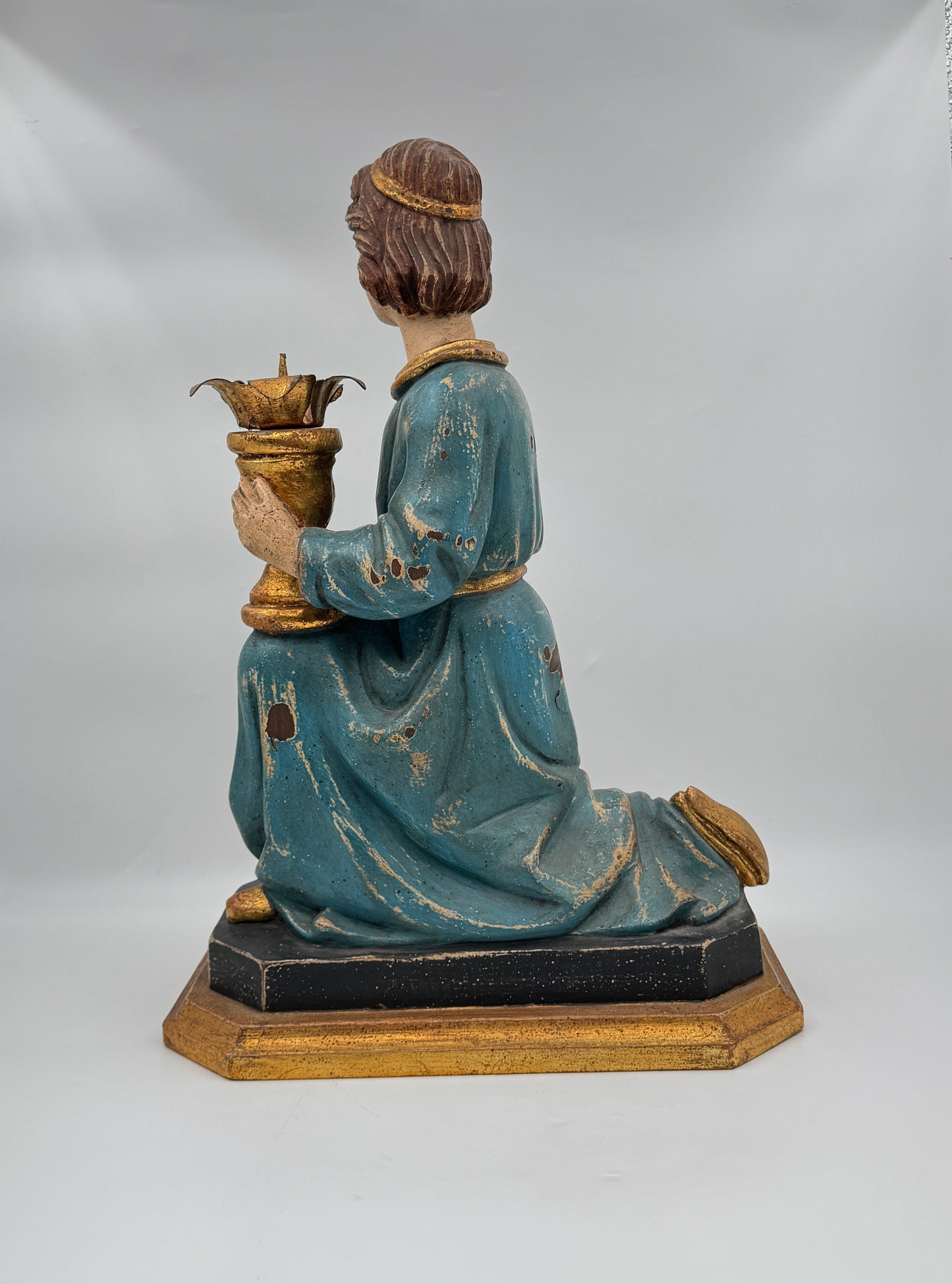 Pair of Hand-Carved Figural Wooden Candle Holders – Kneeling Angels with Gilded Chalices