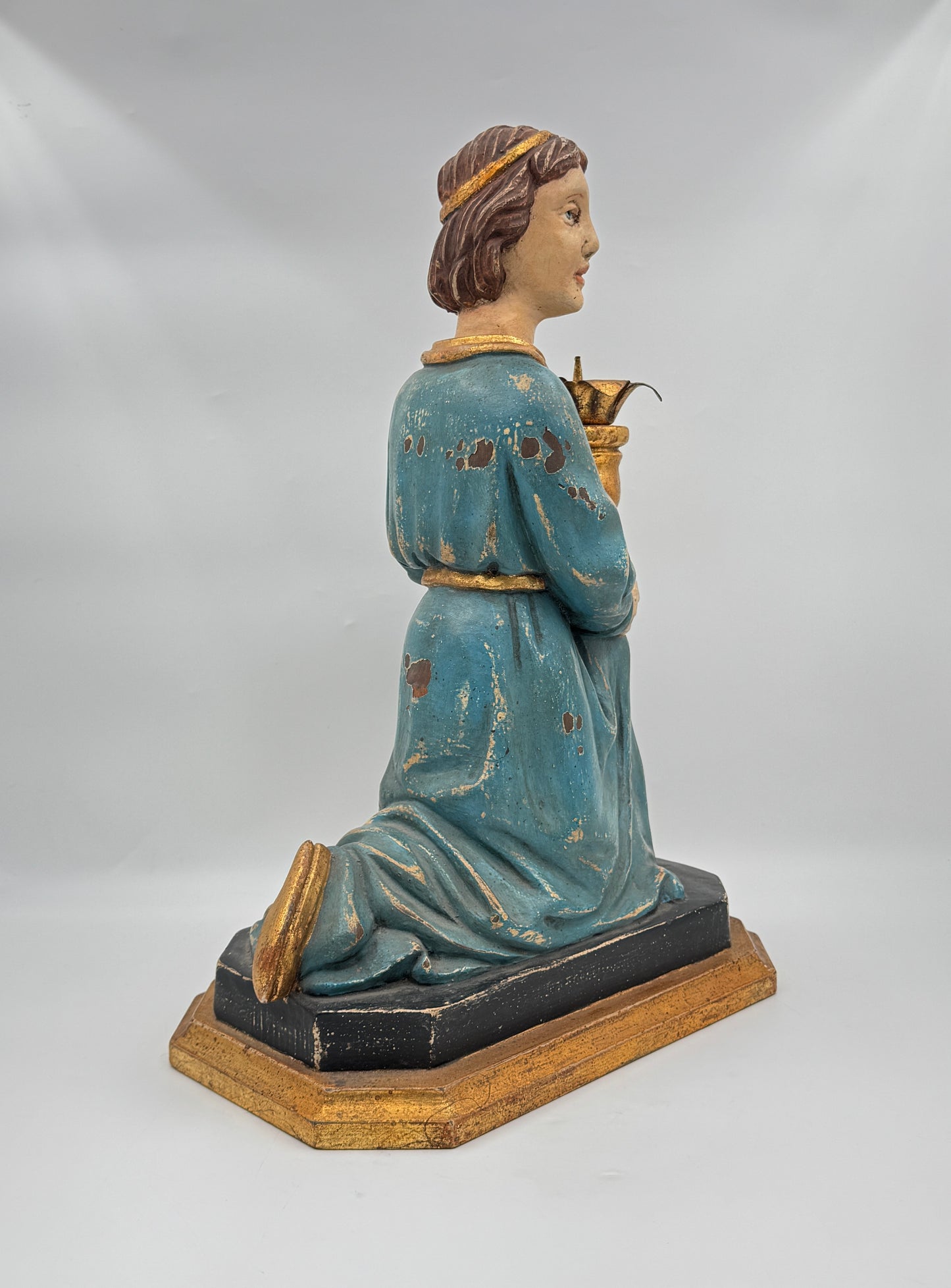 Pair of Hand-Carved Figural Wooden Candle Holders – Kneeling Angels with Gilded Chalices