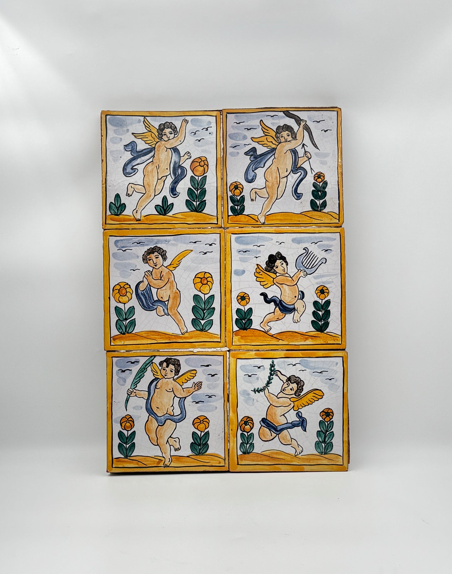 Italian Hand-Painted Tile Artwork Panel – 6 Tiles with Cherub/Angel Motif