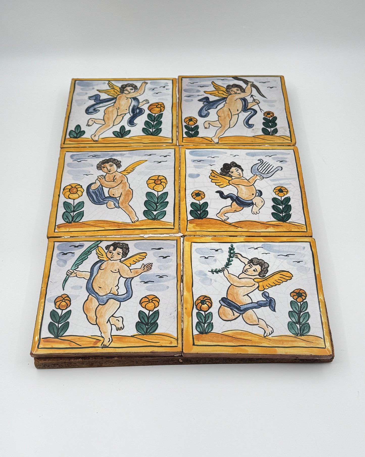 Italian Hand-Painted Tile Artwork Panel – 6 Tiles with Cherub/Angel Motif