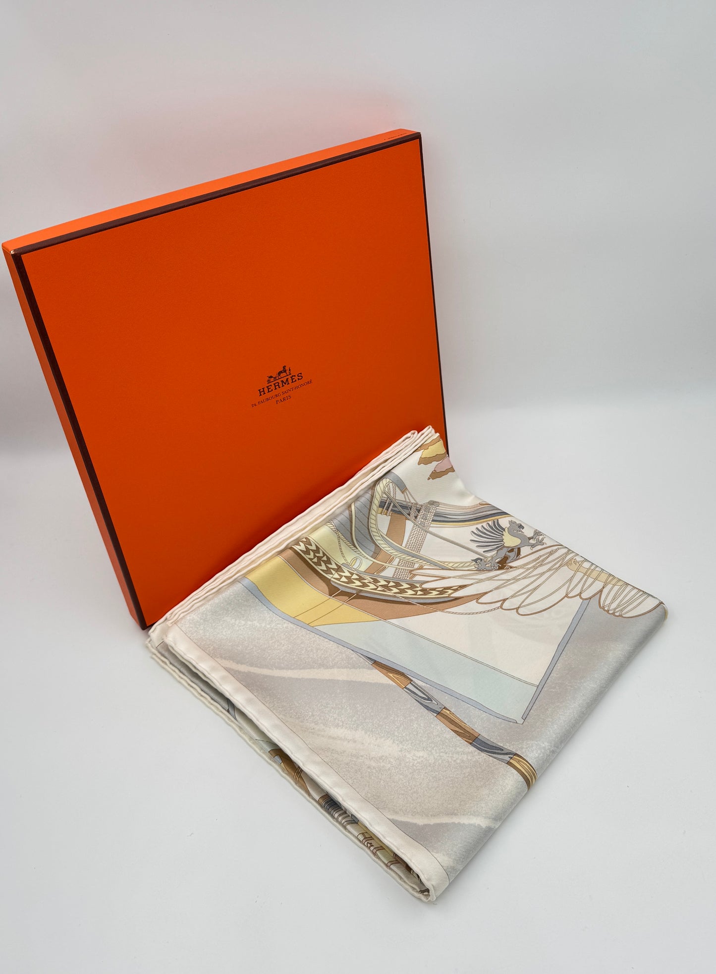 Hermès "Face Au Large" Silk Scarf by Dominique Jarlagent – Cream & Soft Pastels (2000)
