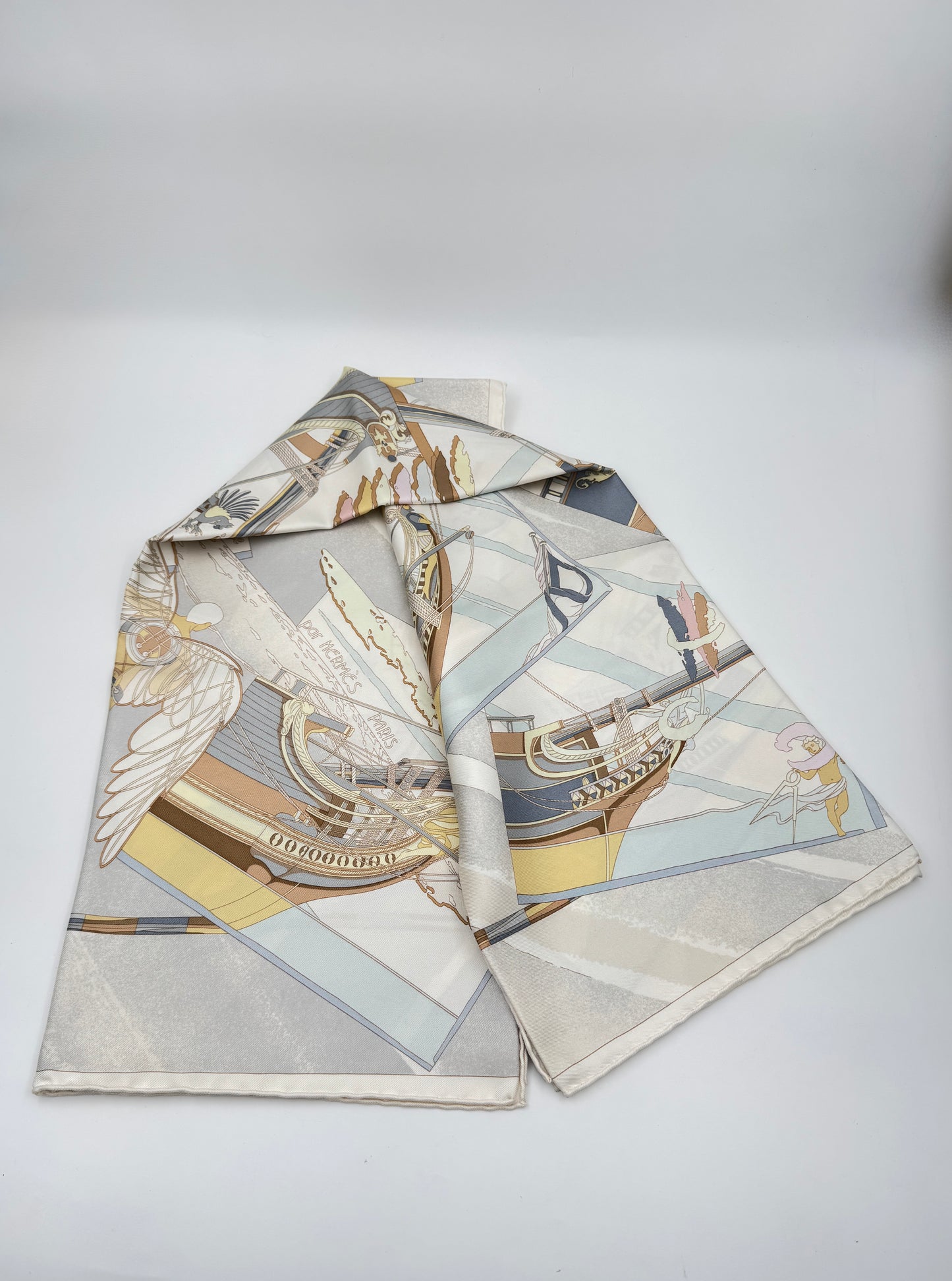 Hermès "Face Au Large" Silk Scarf by Dominique Jarlagent – Cream & Soft Pastels (2000)