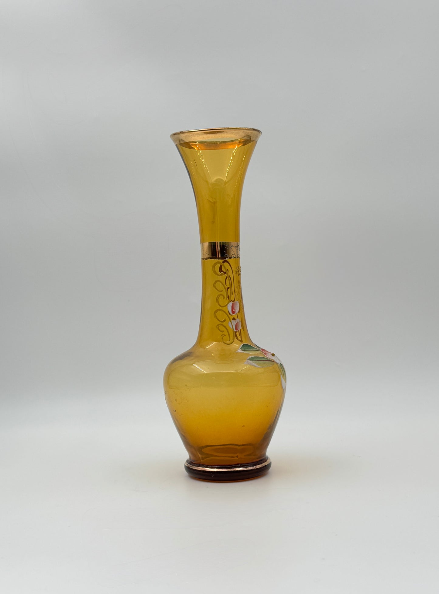 Gold Bud Vase with Flower Detail and Gold Trim