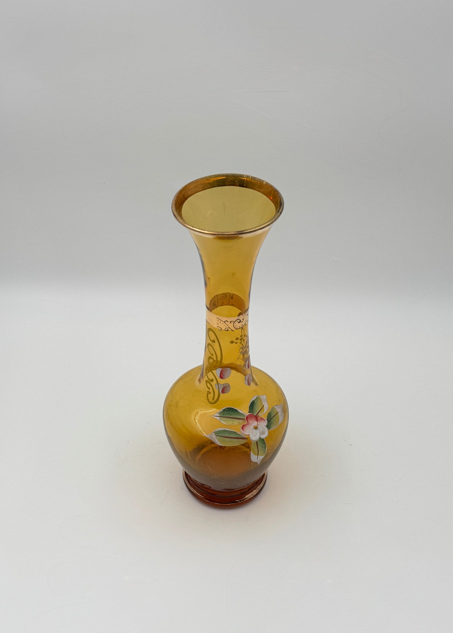 Gold Bud Vase with Flower Detail and Gold Trim