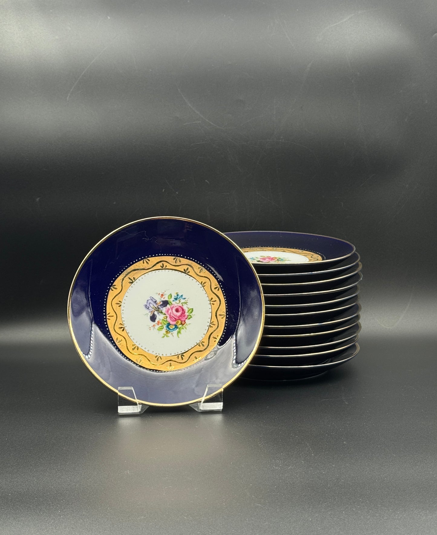 Danico Dessert Plates – Set of 12 – Navy with Gold Rim and Rose Flower Center