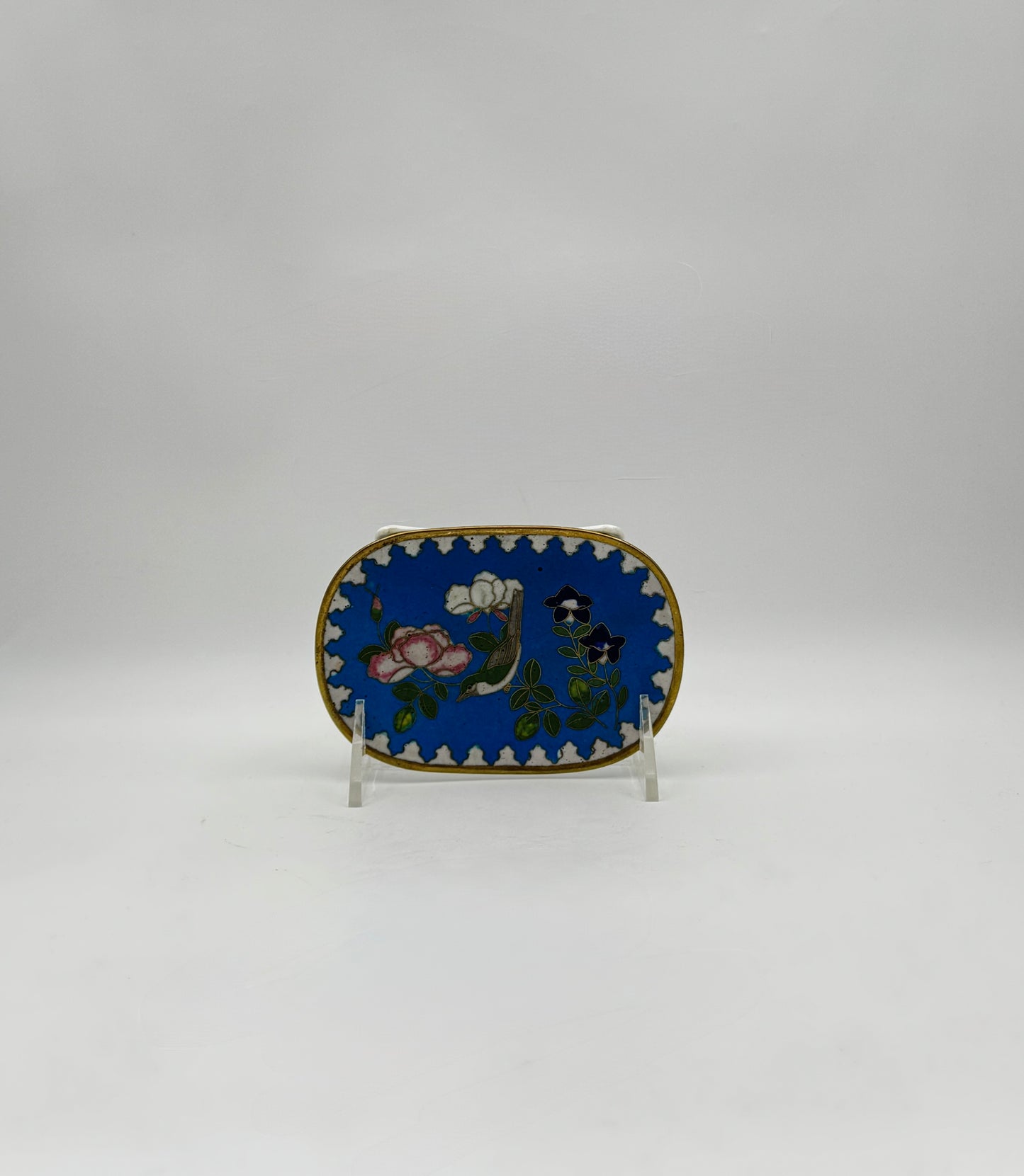 Vintage Chinese Cloisonné Oval Dish – Green Bird & Floral Design