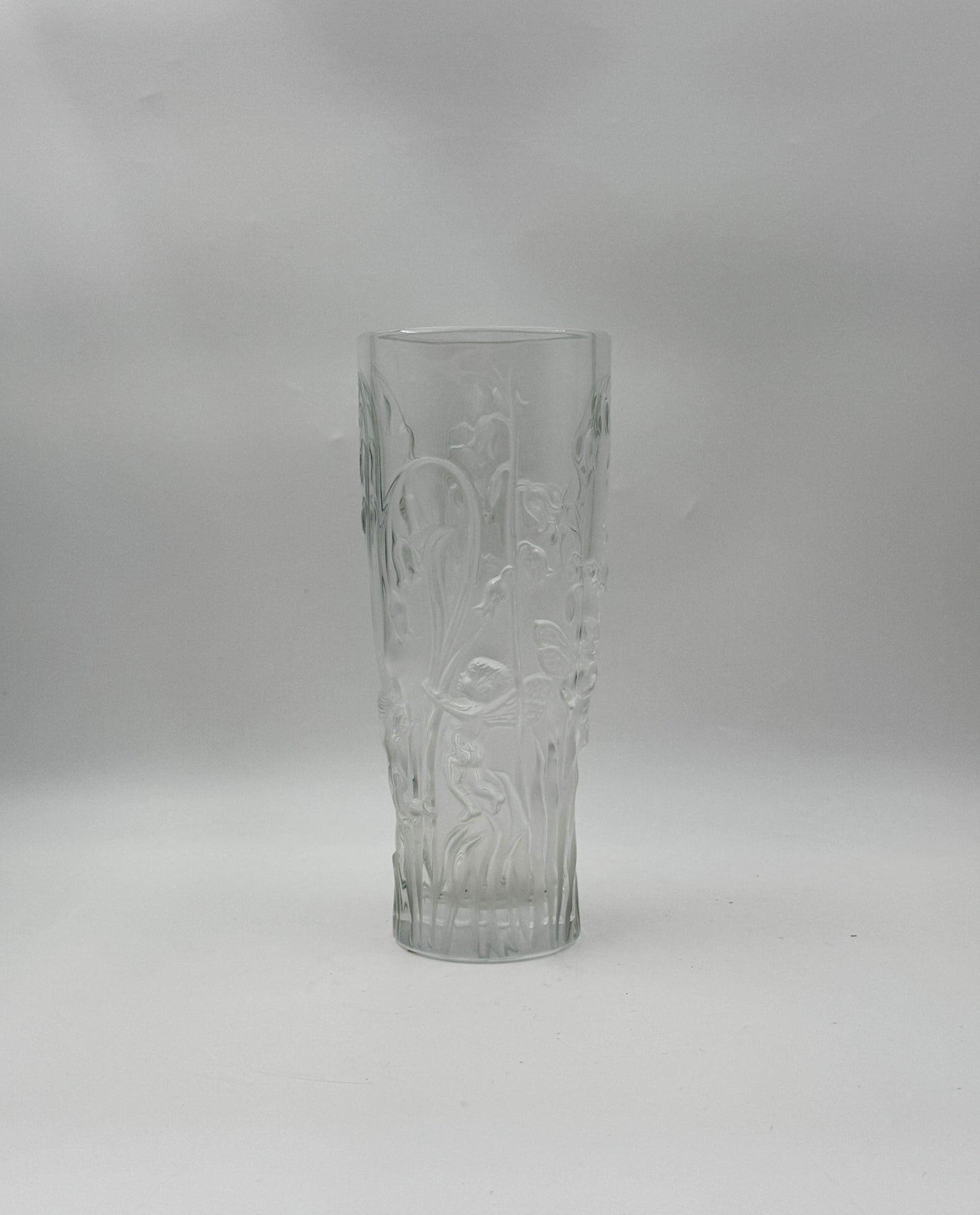 Lalique France Elfes Vase – Clear Crystal with Cherubs and Lily of the Valley Design