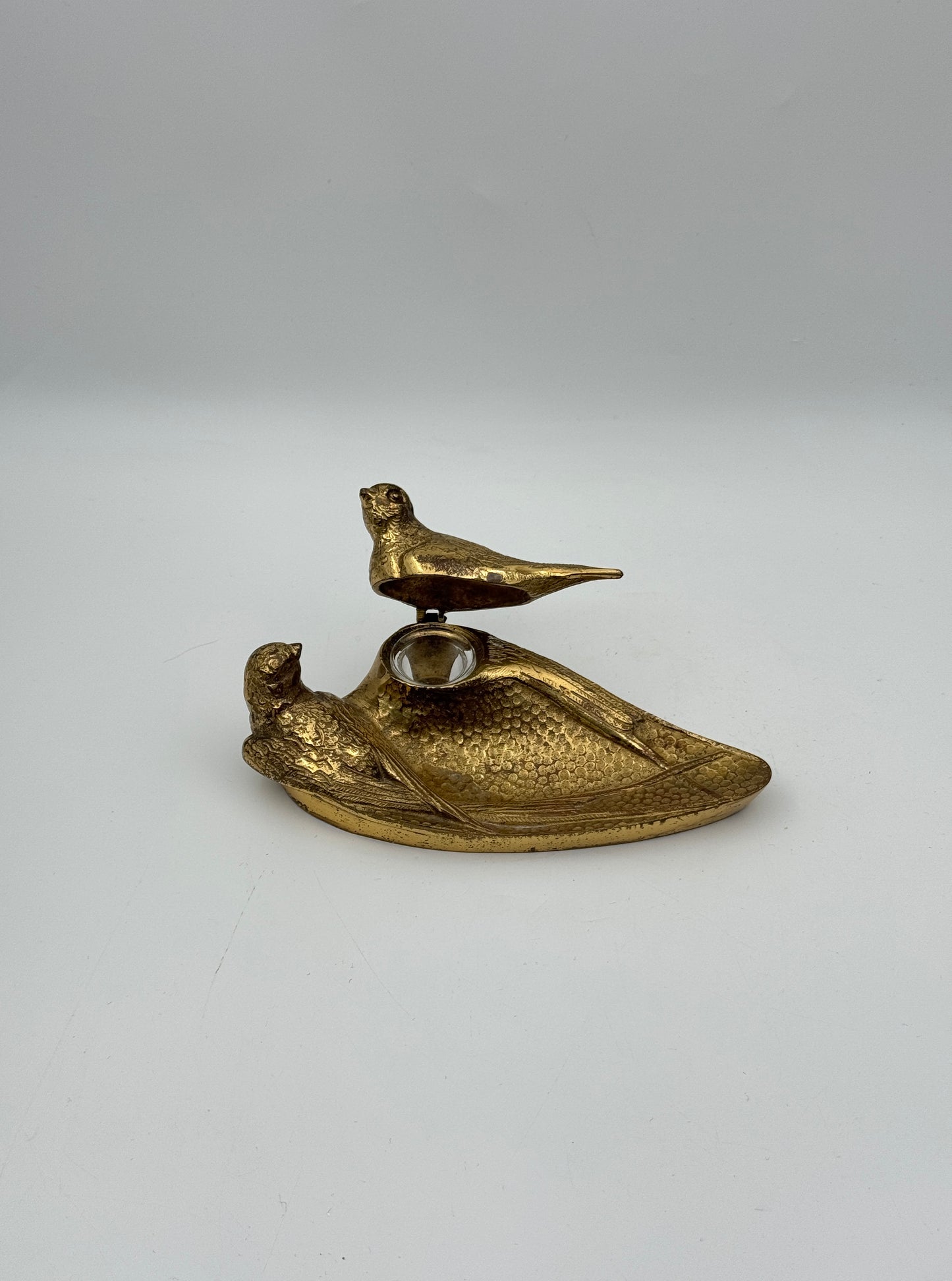 Antique French Art Nouveau Gilt Bronze Inkwell – Pair of Birds on Leaf Base, c.1920s