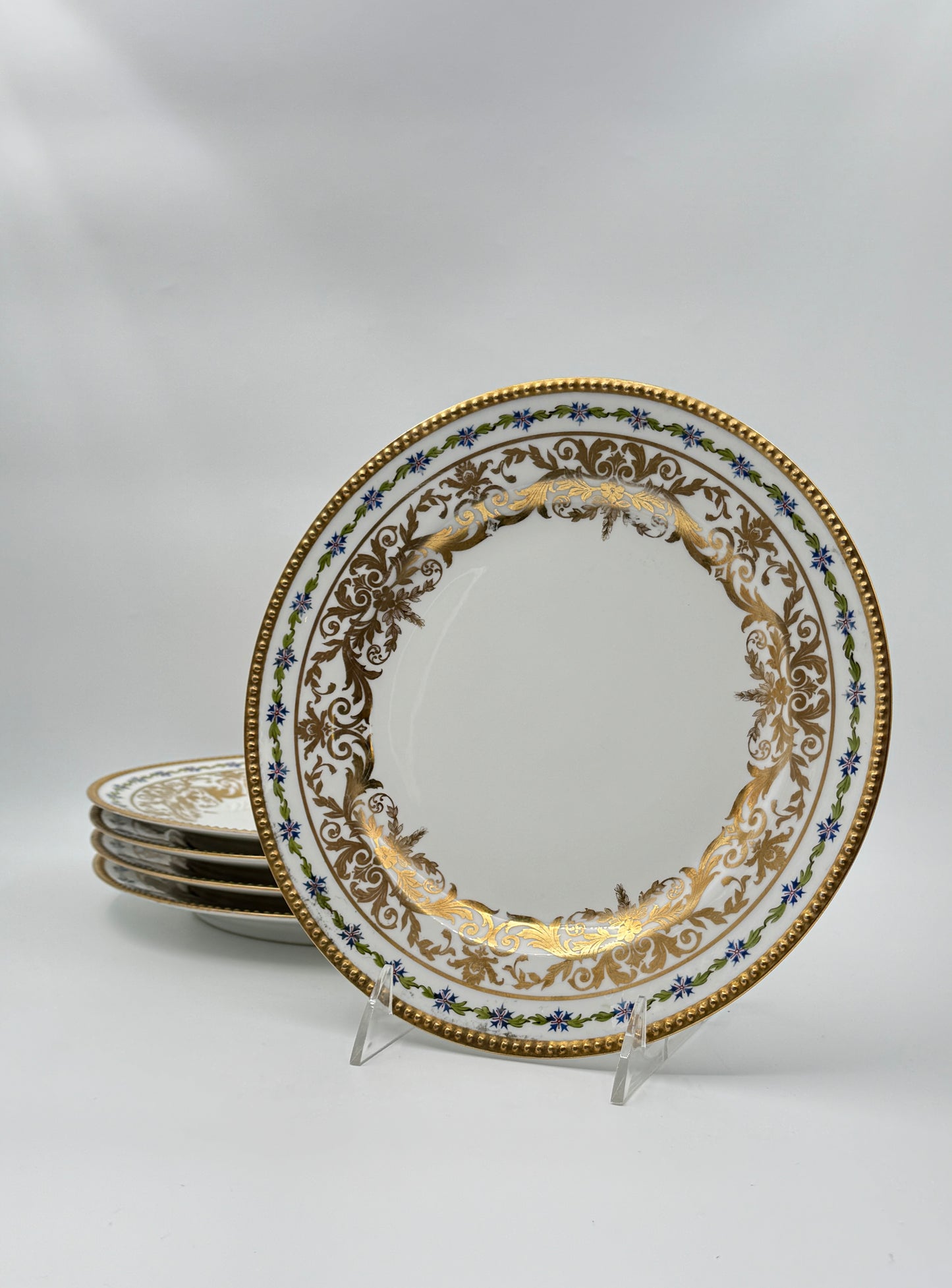 Five Jean Pouyat Limoges Luncheon Plates with Gold and Blue Floral Border