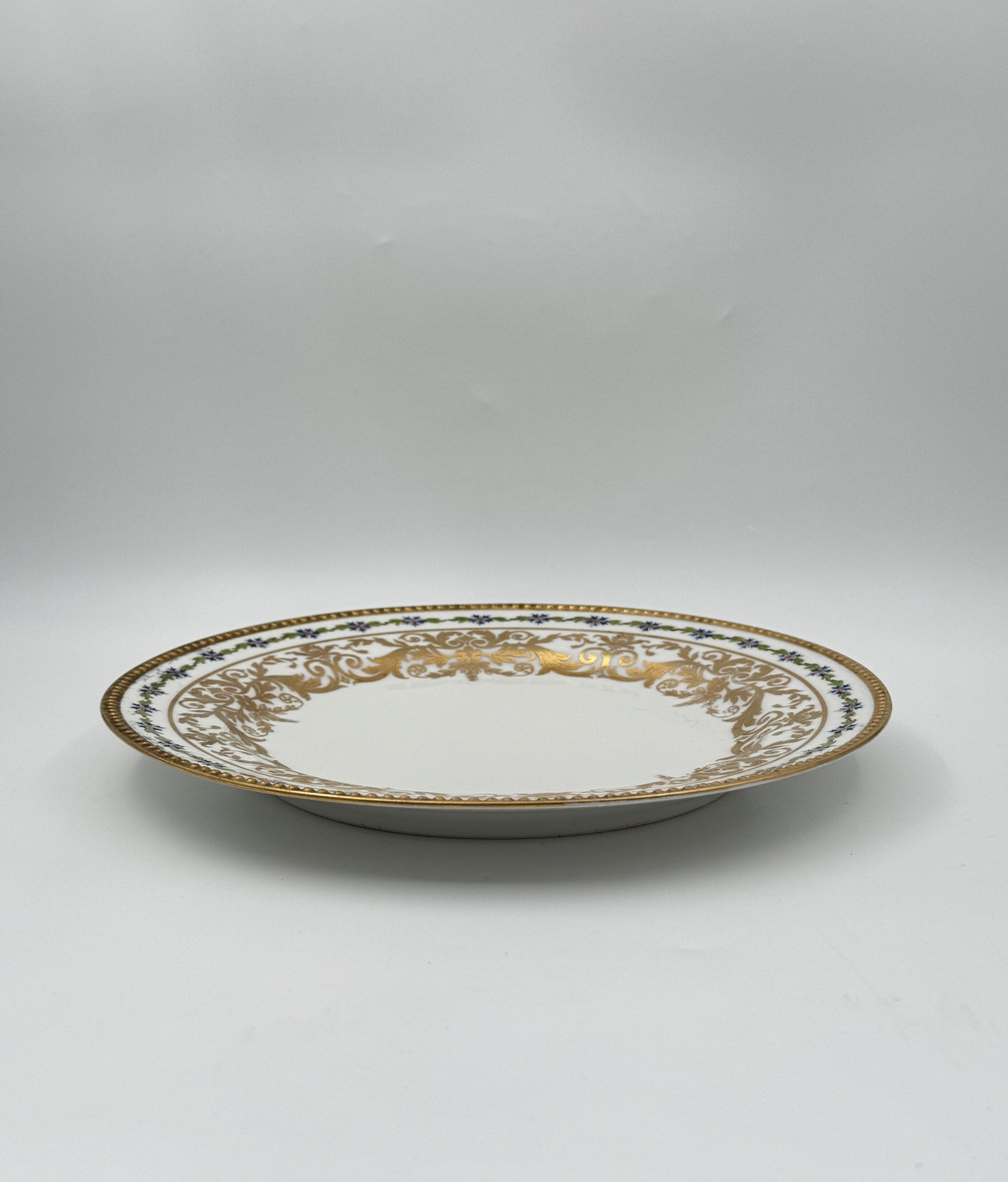 Five Jean Pouyat Limoges Luncheon Plates with Gold and Blue Floral Border
