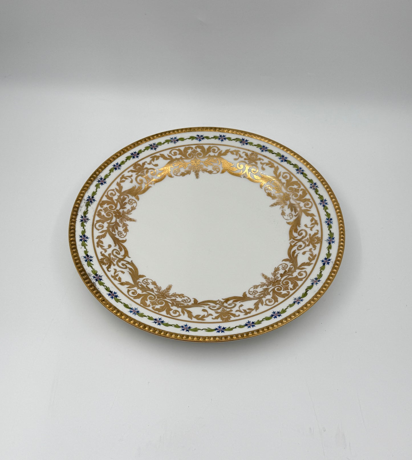 Five Jean Pouyat Limoges Luncheon Plates with Gold and Blue Floral Border