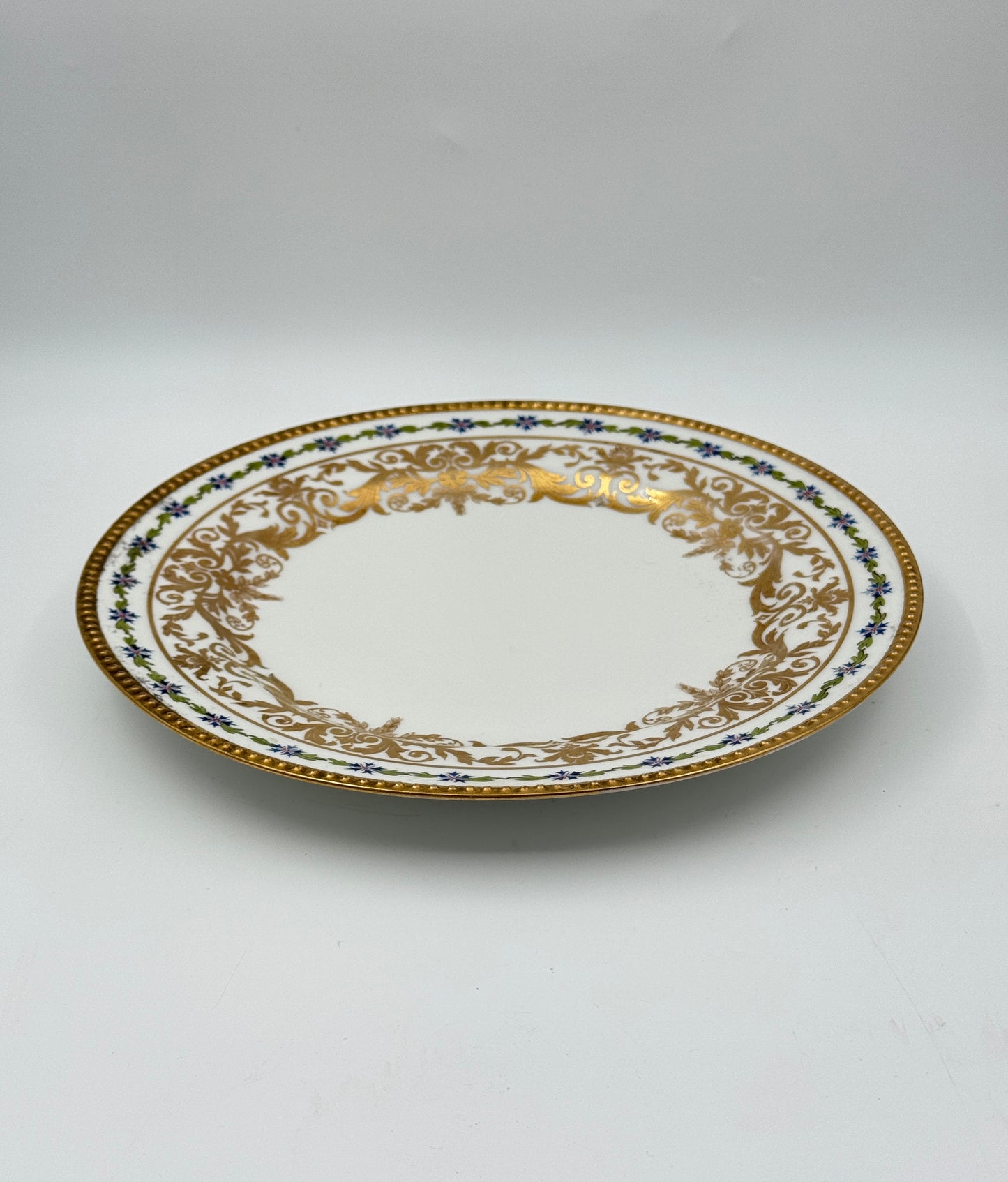 Five Jean Pouyat Limoges Luncheon Plates with Gold and Blue Floral Border