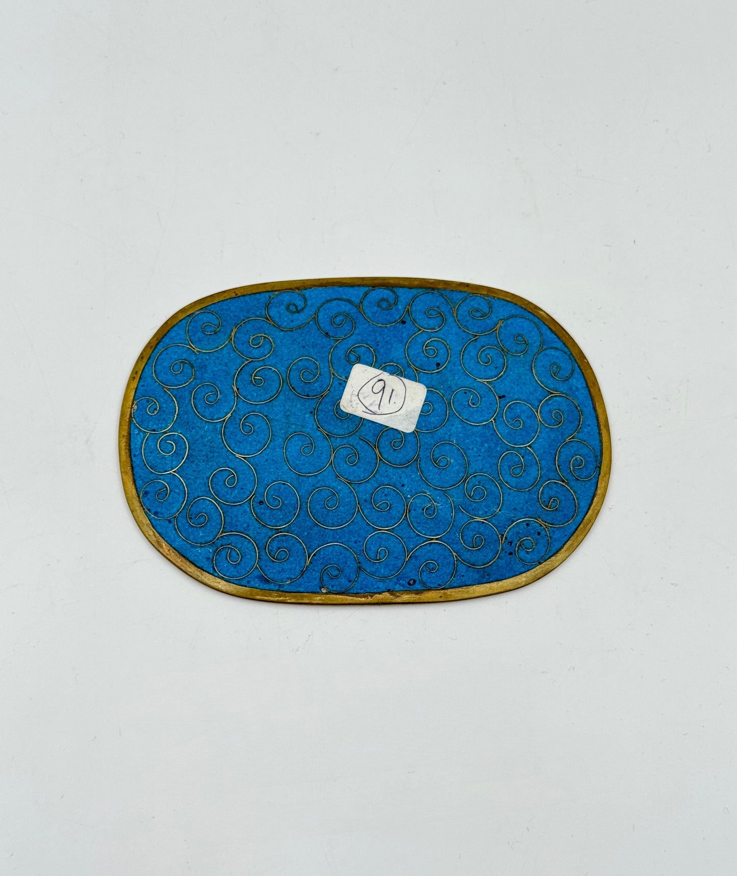 Vintage Chinese Cloisonné Oval Tray – Grasshopper & Pink Blossoms on Sky Blue