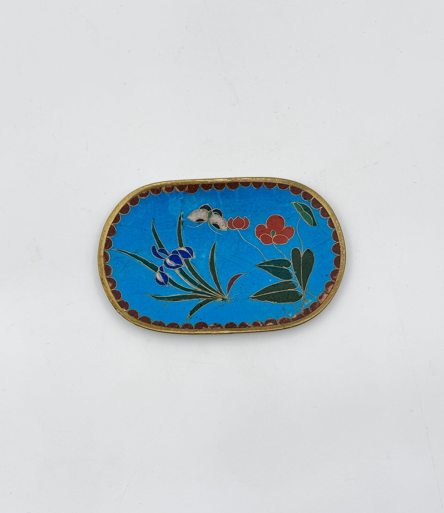 Vintage Chinese Cloisonné Oval Dish – Butterfly & Red Flowers on Sky Blue