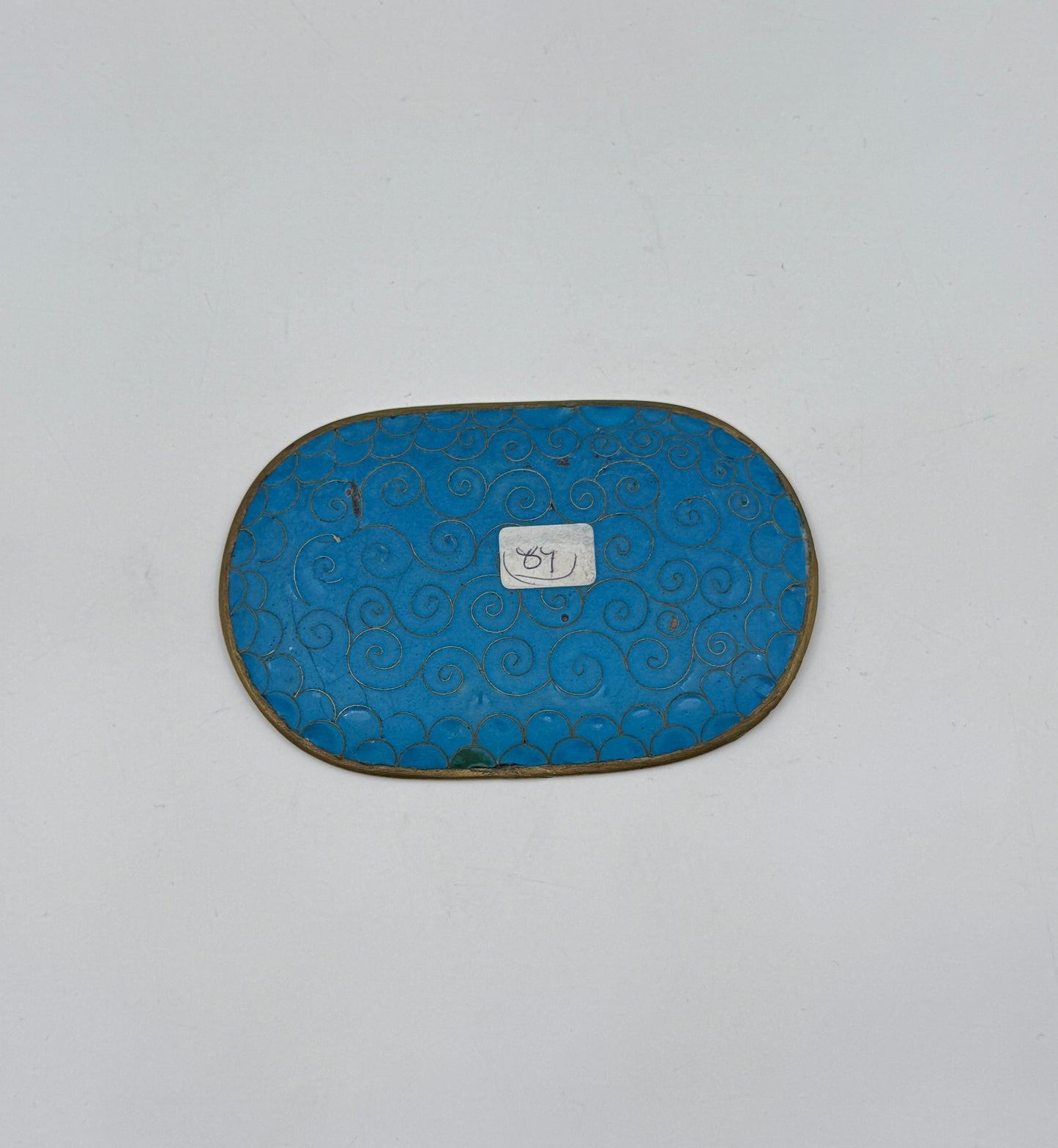 Vintage Chinese Cloisonné Oval Dish – Butterfly & Red Flowers on Sky Blue