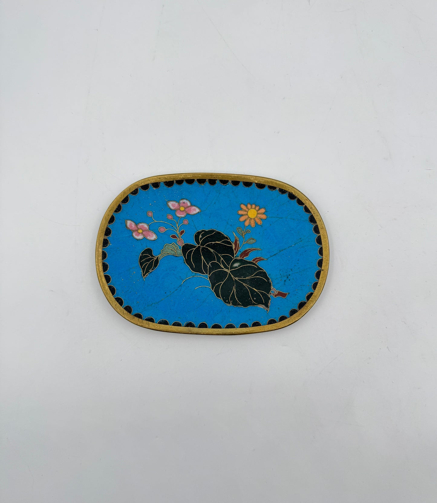 Vintage Chinese Cloisonné Oval Dish – Leaves & Blossoms on Blue