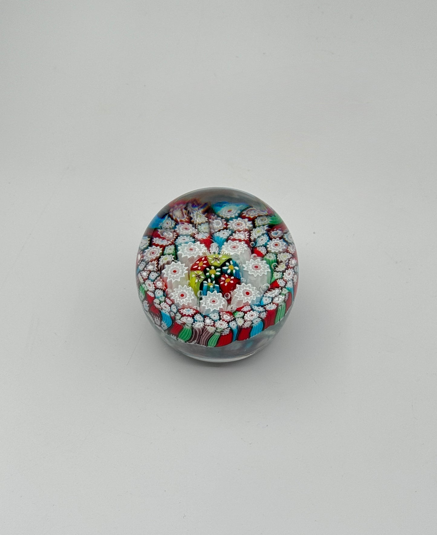Murano Glass Paperweight – Millefiori Floral Canes – Red, Blue & White