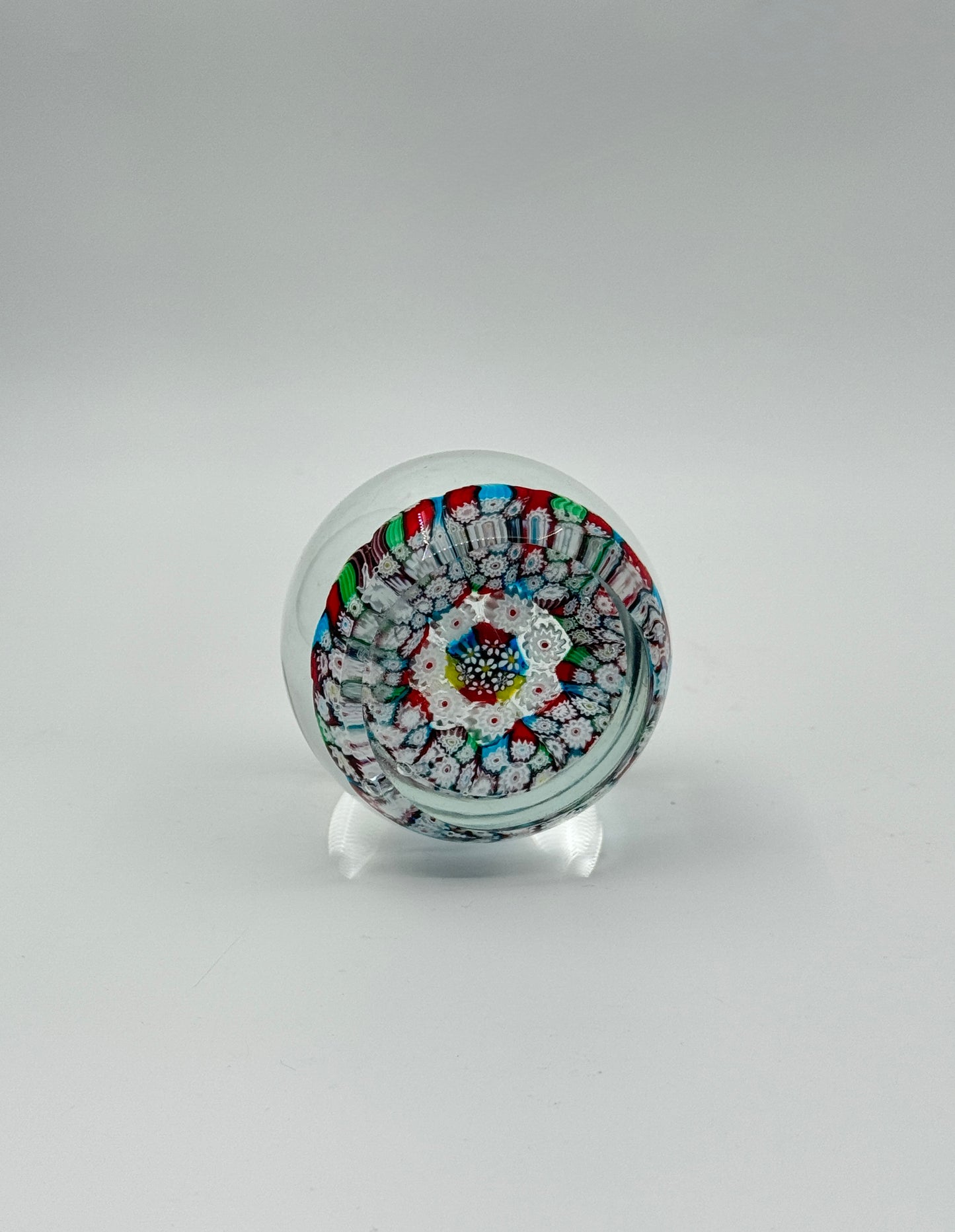 Murano Glass Paperweight – Millefiori Floral Canes – Red, Blue & White