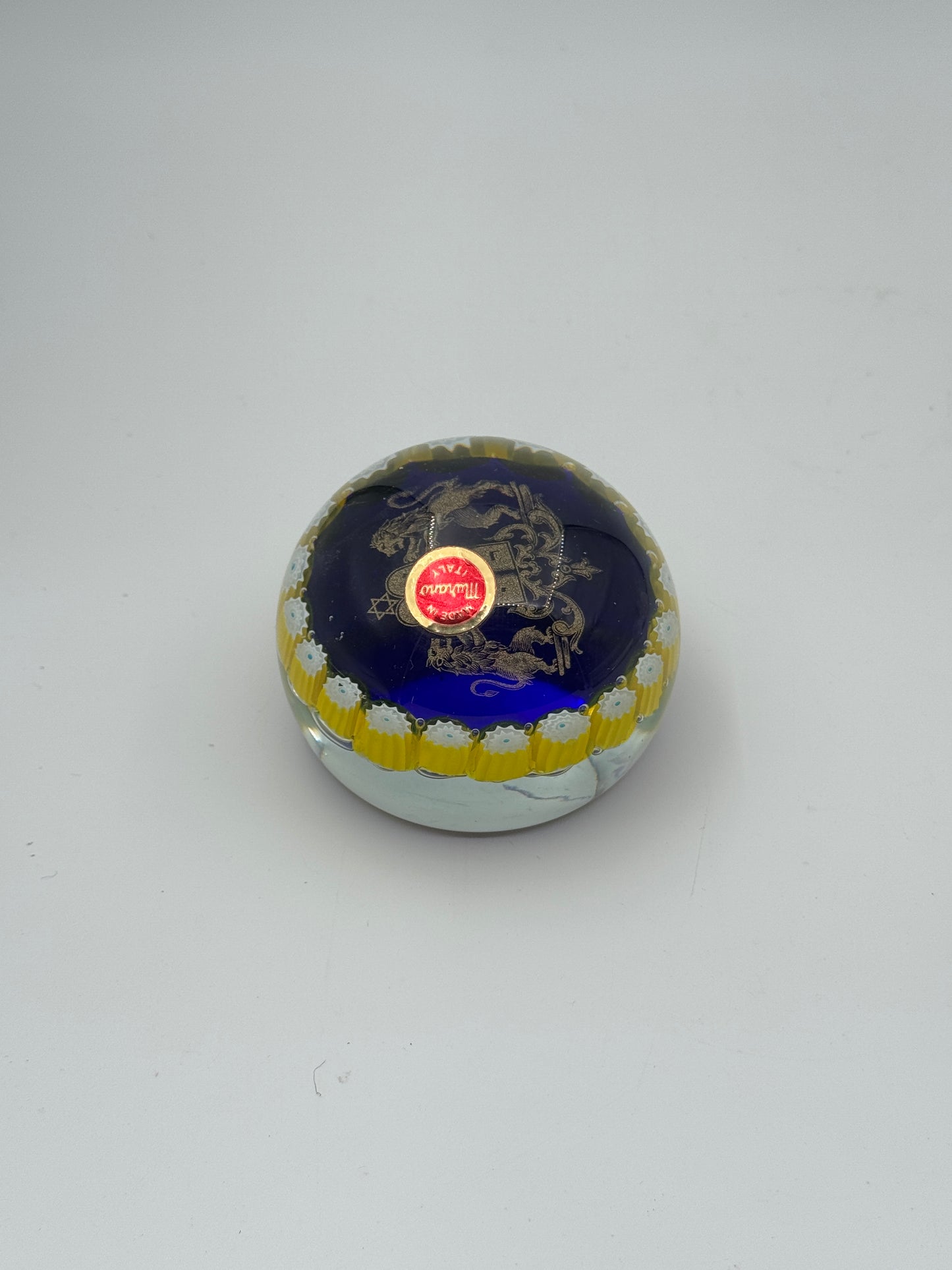 Murano Glass Paperweight – Navy with Yellow Flowers and Star of David