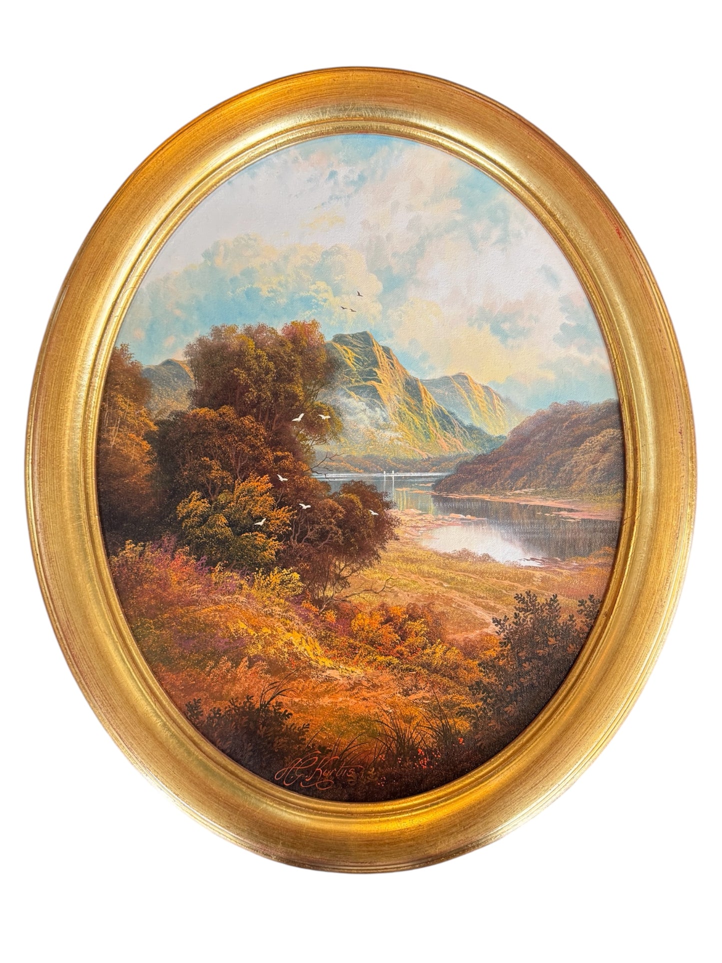 Pair of River Landscape Paintings by Andrew Grant Kurtis – Oval Gold Frames