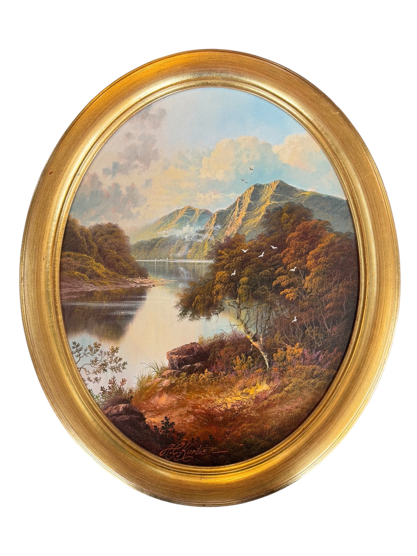 Pair of River Landscape Paintings by Andrew Grant Kurtis – Oval Gold Frames