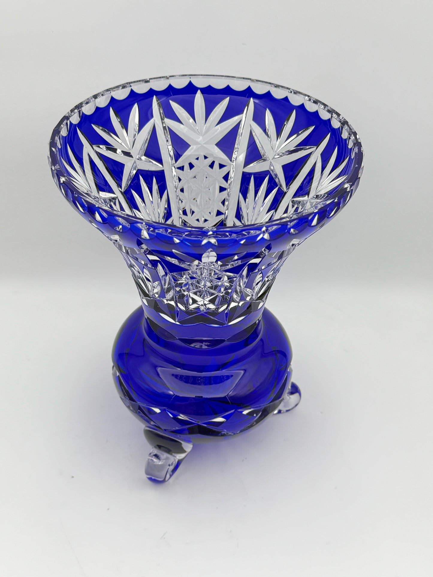 Cobalt Blue Cut To Clear Bohemian Style Crystal Vase