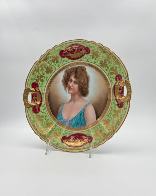 Vienna Cabinet Plate – Young Woman with Blue Dress and Green and Gold Rim