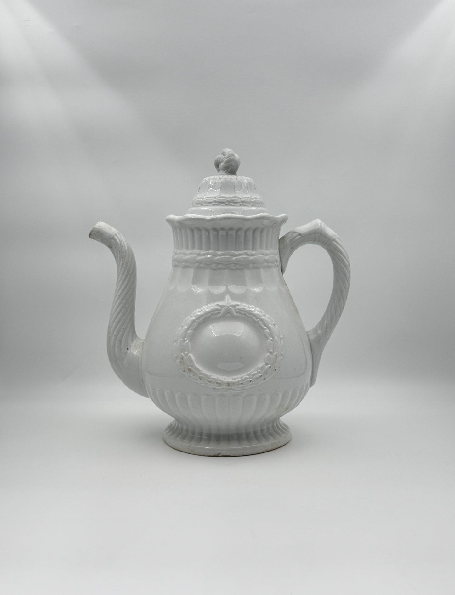 Antique White Ironstone Coffee Pot with Lid – Wreath and Star Relief Design